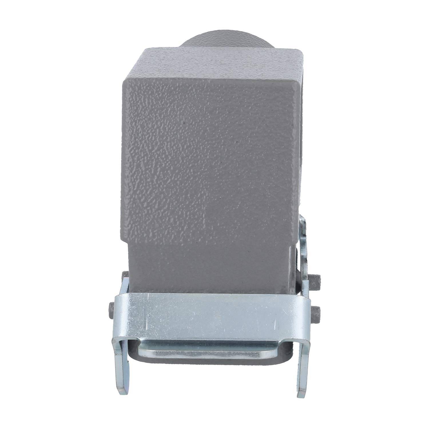 Eine graue industrielle elektrische Komponente mit einer Metallhalterung am Boden, die typischerweise für robuste Verbindungen verwendet wird.