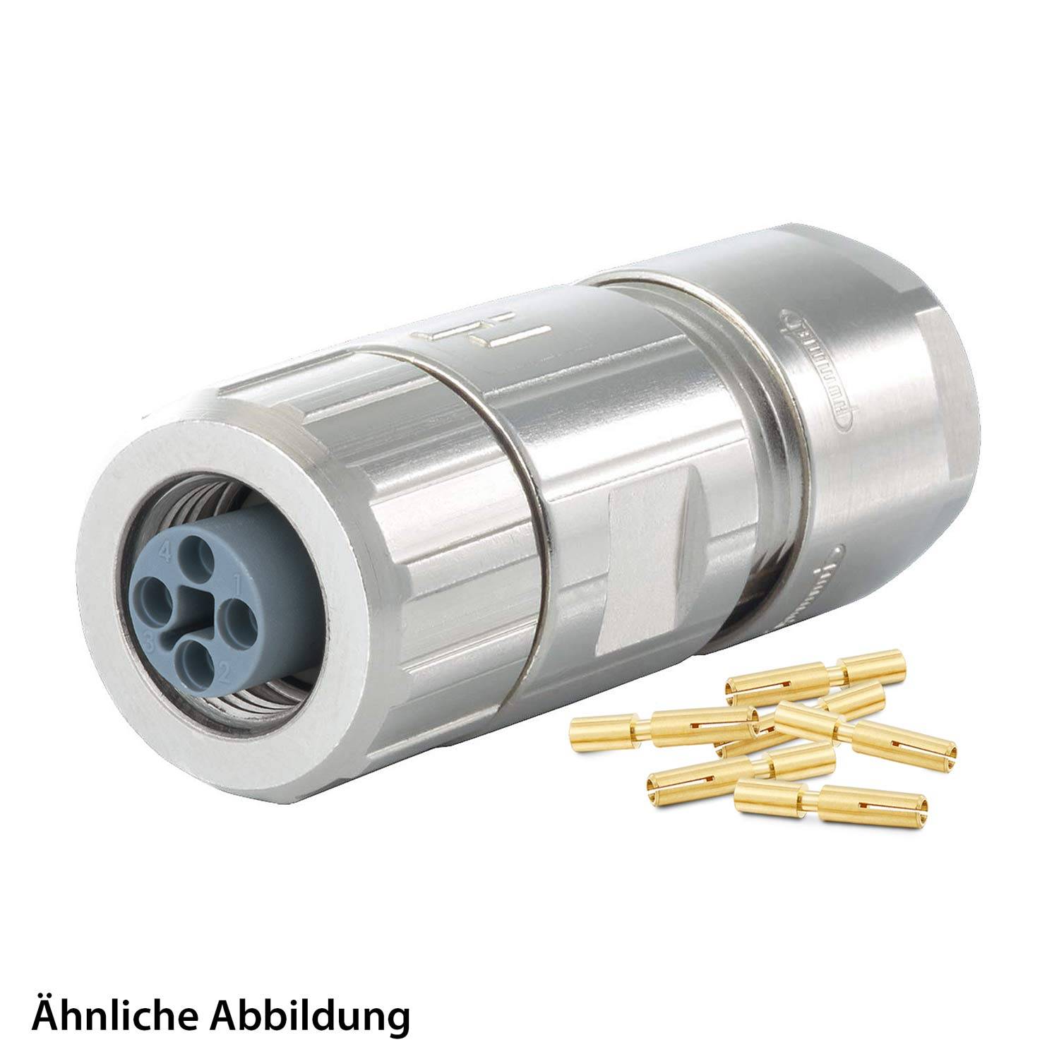 Kreisförmiger Metallverbinder mit drei Anschlüssen, zusammen mit einem Satz kleiner goldener Stifte.