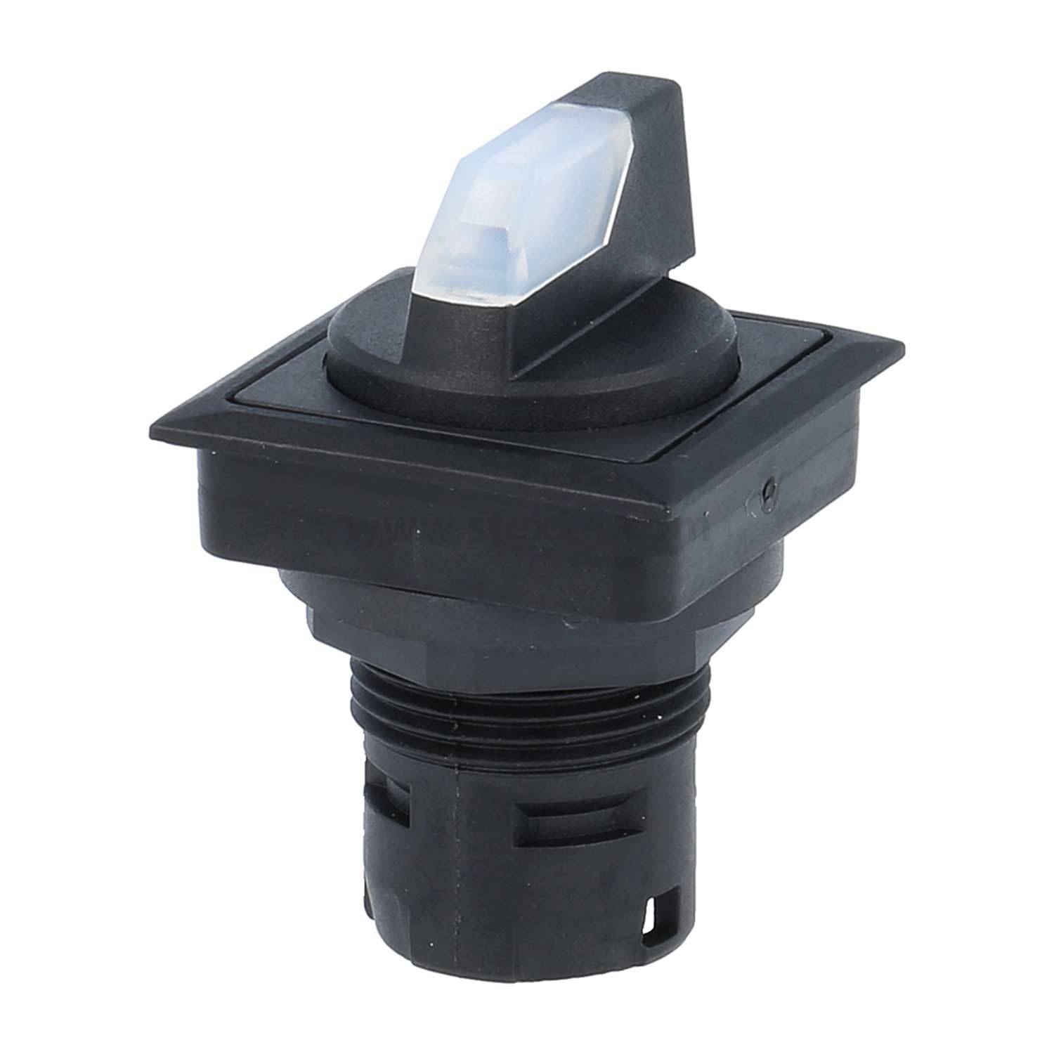 Ein schwarzer Kippschalter mit beleuchtetem Schaltkopf, für die Montagean einer Schalttafel ausgelegt.