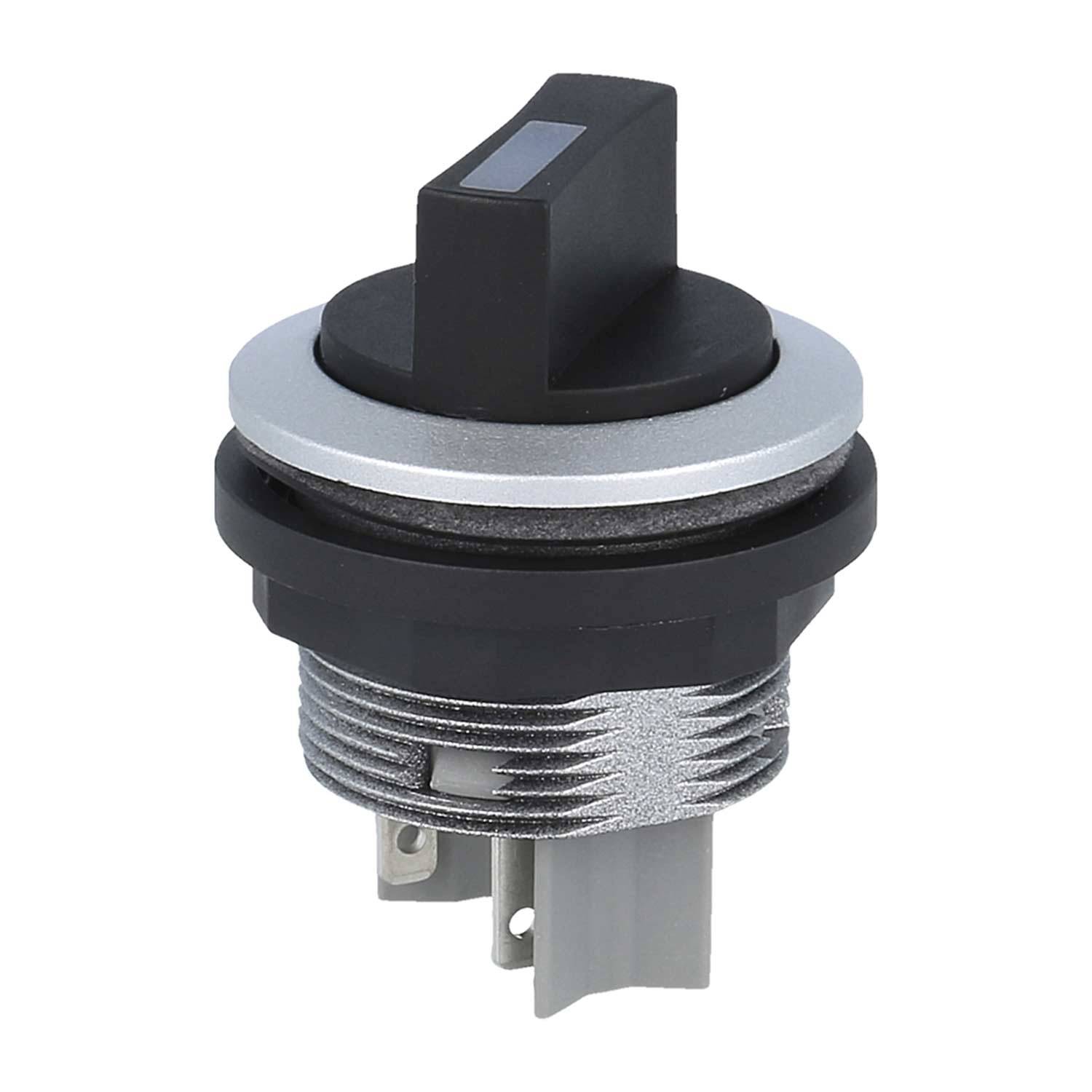 Ein schwarzer und silberner industrieller Drehschalter mit einer geschraubten Metallfassung und zwei Anschlusskontakten, verwendet zur Steuerung elektronischer Geräte.