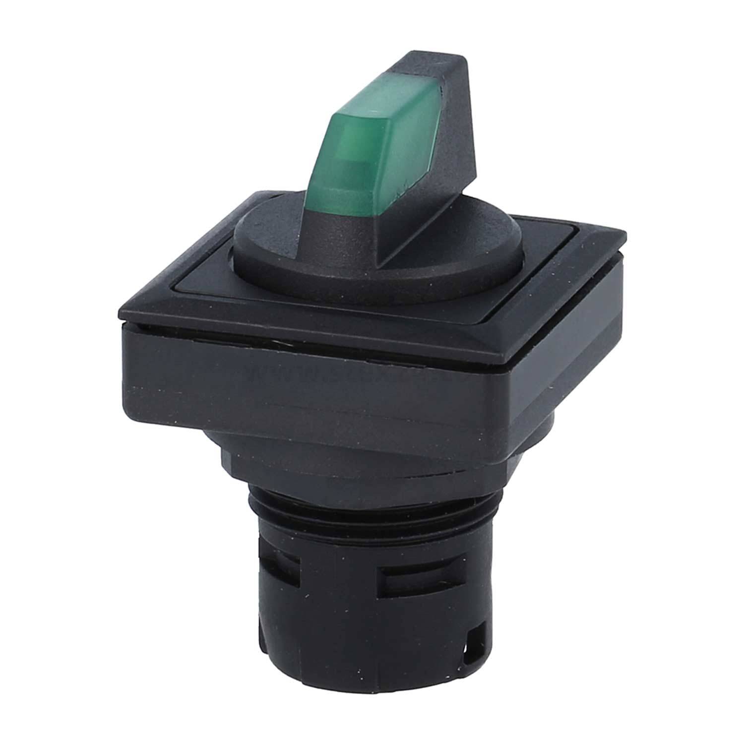 Schalter mit einem grünen, beleuchteten Umschalter auf einer quadratischen schwarzen Basis, der zum Steuern elektronischer Geräte verwendet wird.