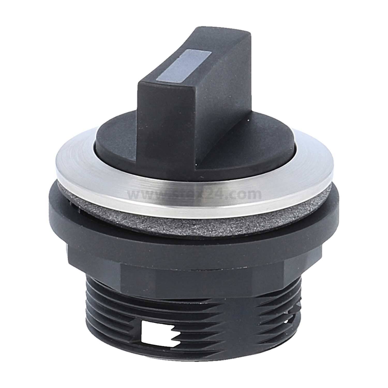 Ein schwarzer Drehschalter mit silbernem Außenring und flachem Griff, von der Seite betrachtet, typischerweise zur Steuerung elektrischer Geräte verwendet.