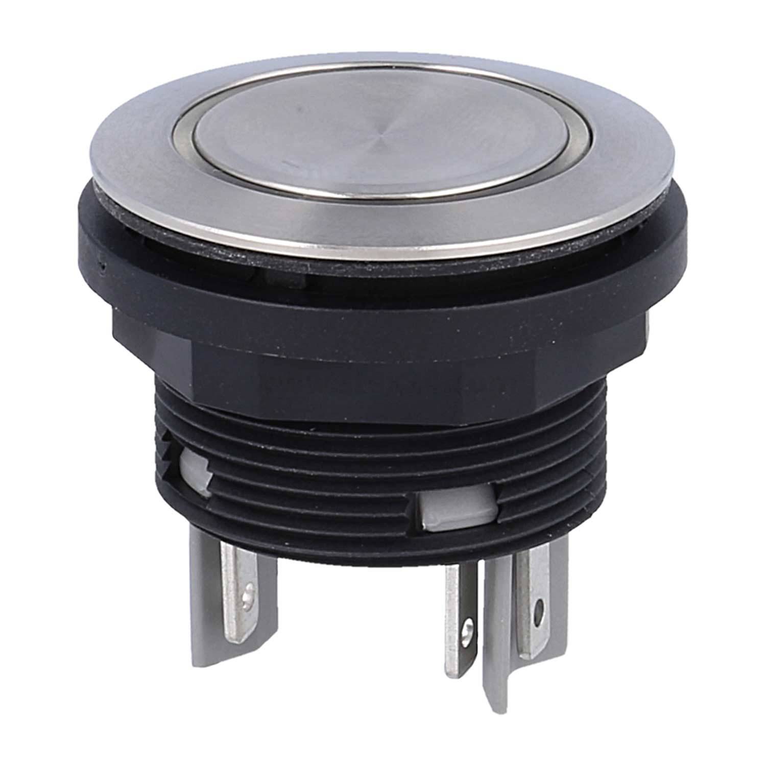Ein runder, metallischer Drucktaster mit schwarzer Basis, der vier Metallstifte am unteren Ende für elektrische Anschlüsse aufweist.