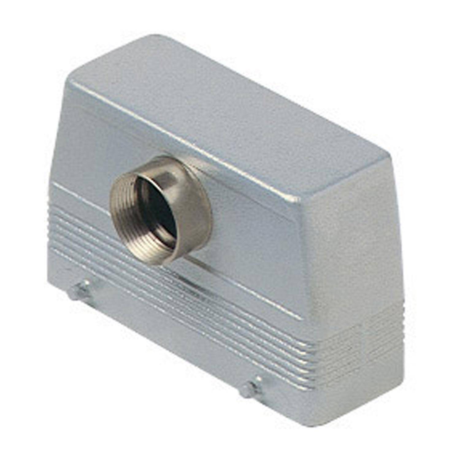 Rechteckiger Metallgehäuse-Verbinder, silberfarben, mit einem kreisförmigen Anschluss oben, für industrielle oder elektrische Anwendungen.