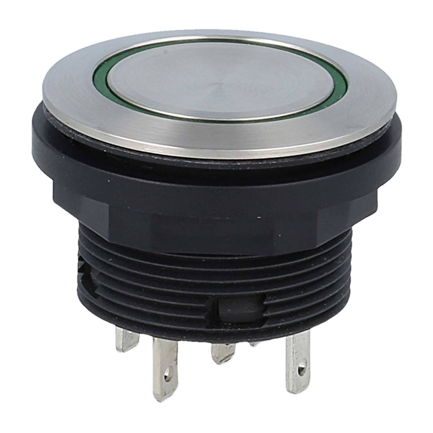 Ein Metalldrucktastenschalter mit schwarzer Basis und grünem Ring, geeignet für den Einbau in elektronische Geräte, schräg dargestellt.