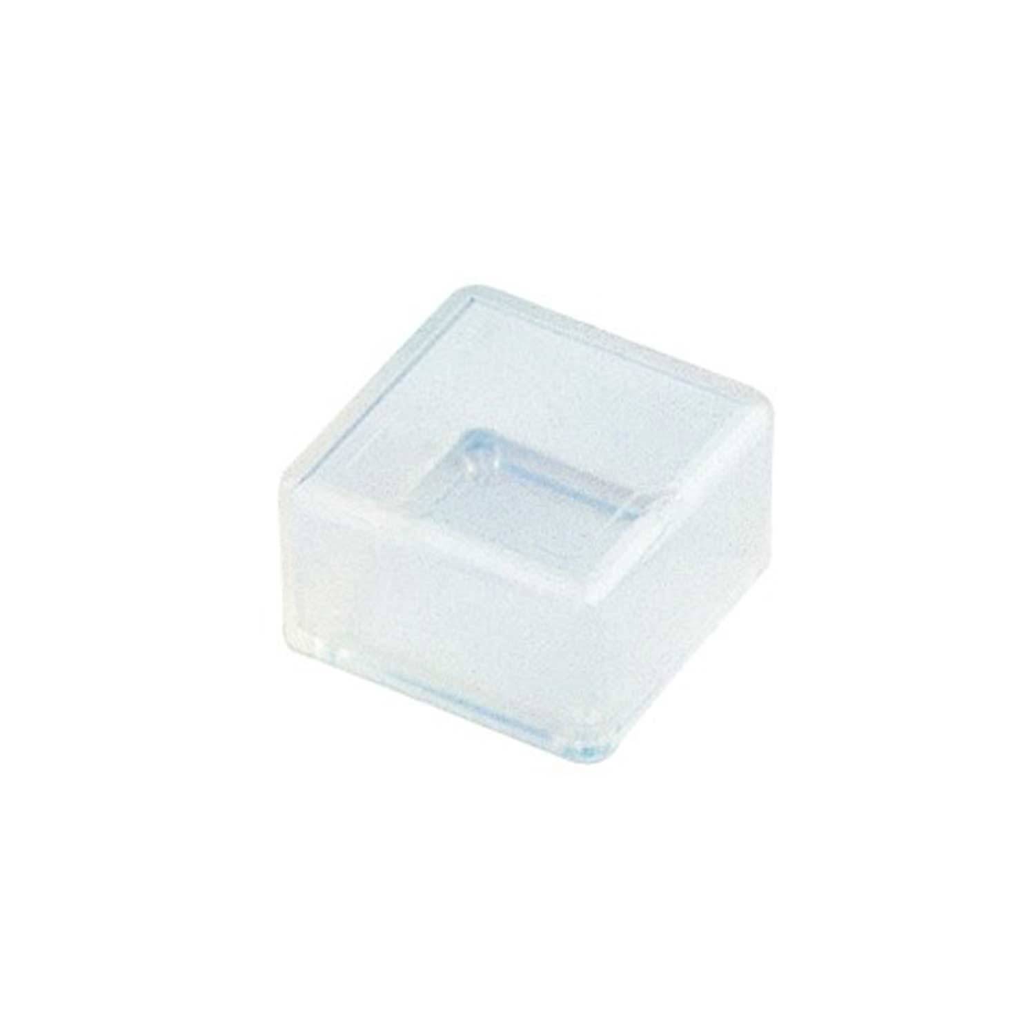 Ein transparenter, quadratischer Plastikbehälter mit geschlossenem Deckel, der leer erscheint.