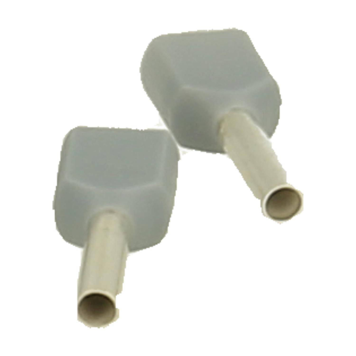 Zwei graue isolierte Kabelschuhe mit Metalltüllen, die zum Verbinden von elektrischen Kabeln verwendet werden, vor einem weißen Hintergrund.