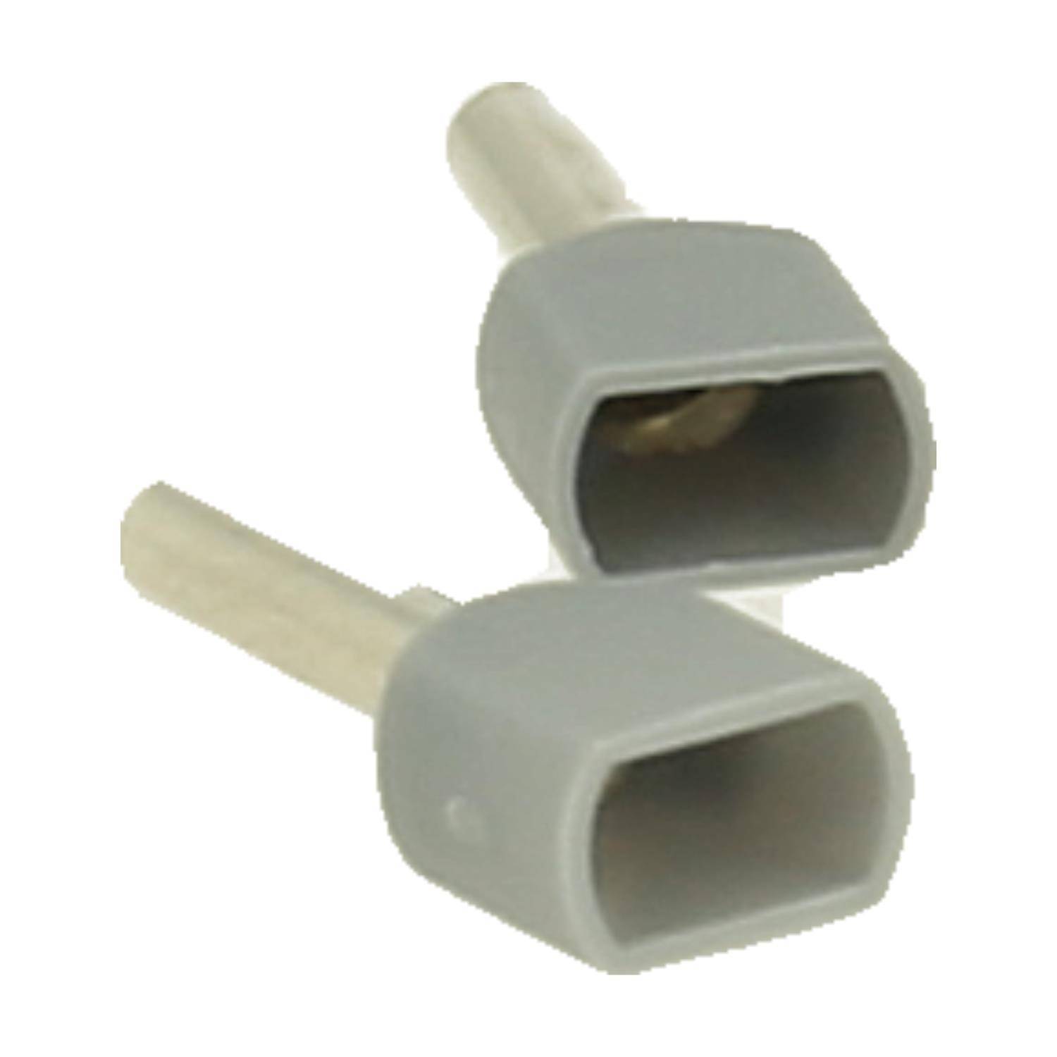 Zwei graue Aderendhülsen mit Metallhüllen, die zum Crimpen auf Drähte verwendet werden, um eine sichere elektrische Verbindung zu gewährleisten.