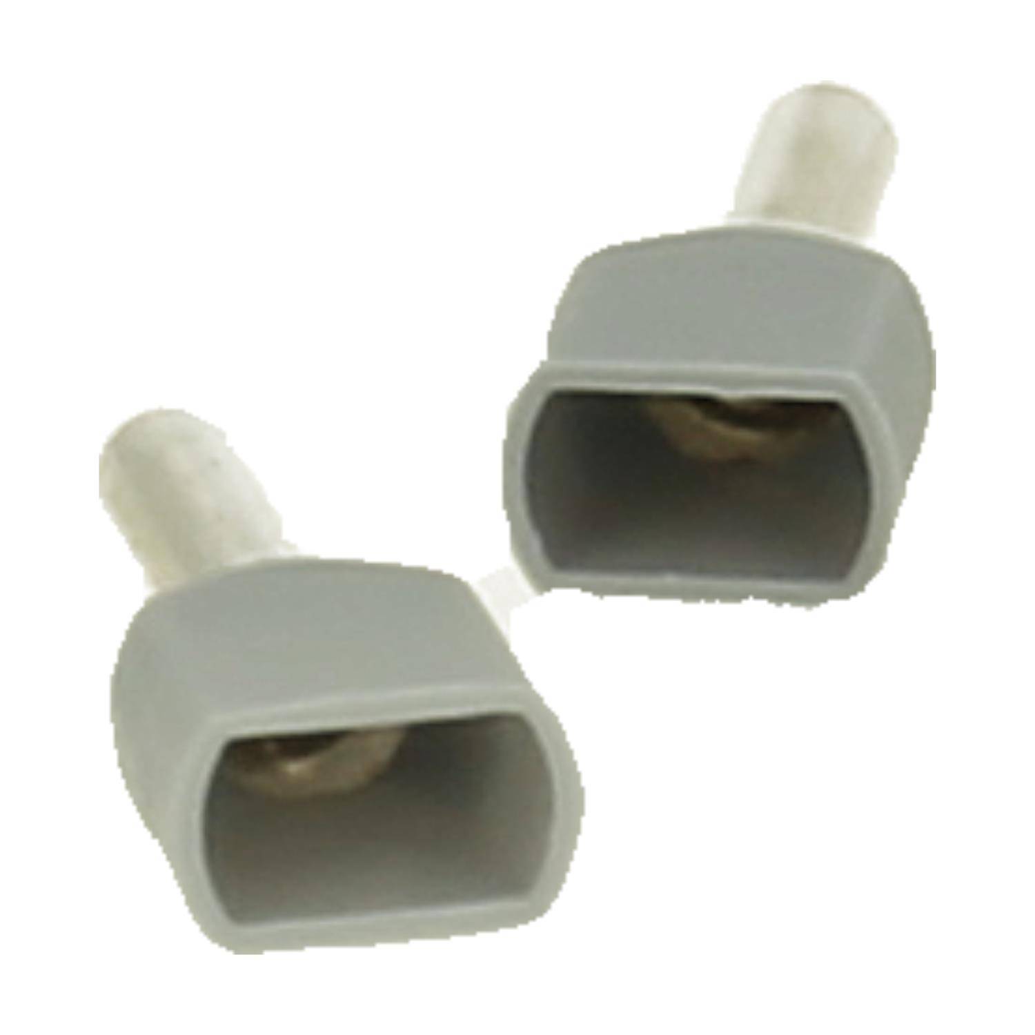 Zwei Plastikkappen mit zylindrischen Metallverbindern, grau in der Farbe, die zum Abdecken der Enden von Kabeln oder Leitungen verwendet werden.