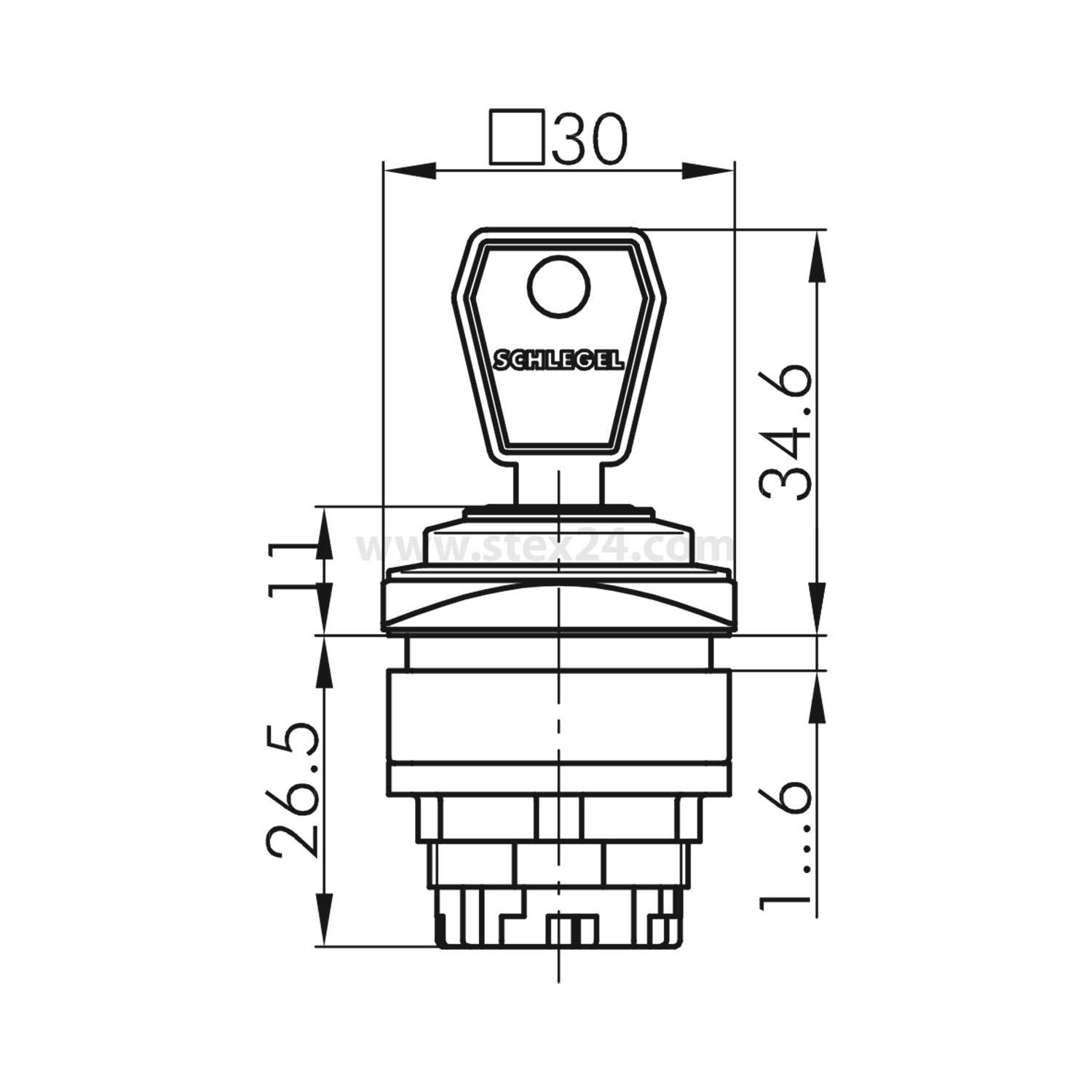 Technische Zeichnung zur Darstellung der Abmessungen eines Schlegel-Schlüsselschalters. Höhe: 34,6 mm, Breite: 30 mm. Schlüsselmaße und Installationsdetails enthalten.