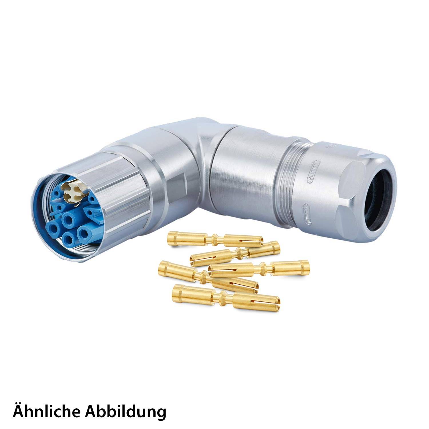 Ein metallischer zylindrischer elektrischer Anschluss mit blauen und goldenen Komponenten. Goldene Stifte sind in der Nähe verstreut. Text unten liest sich: Ähnliche Abbildung.