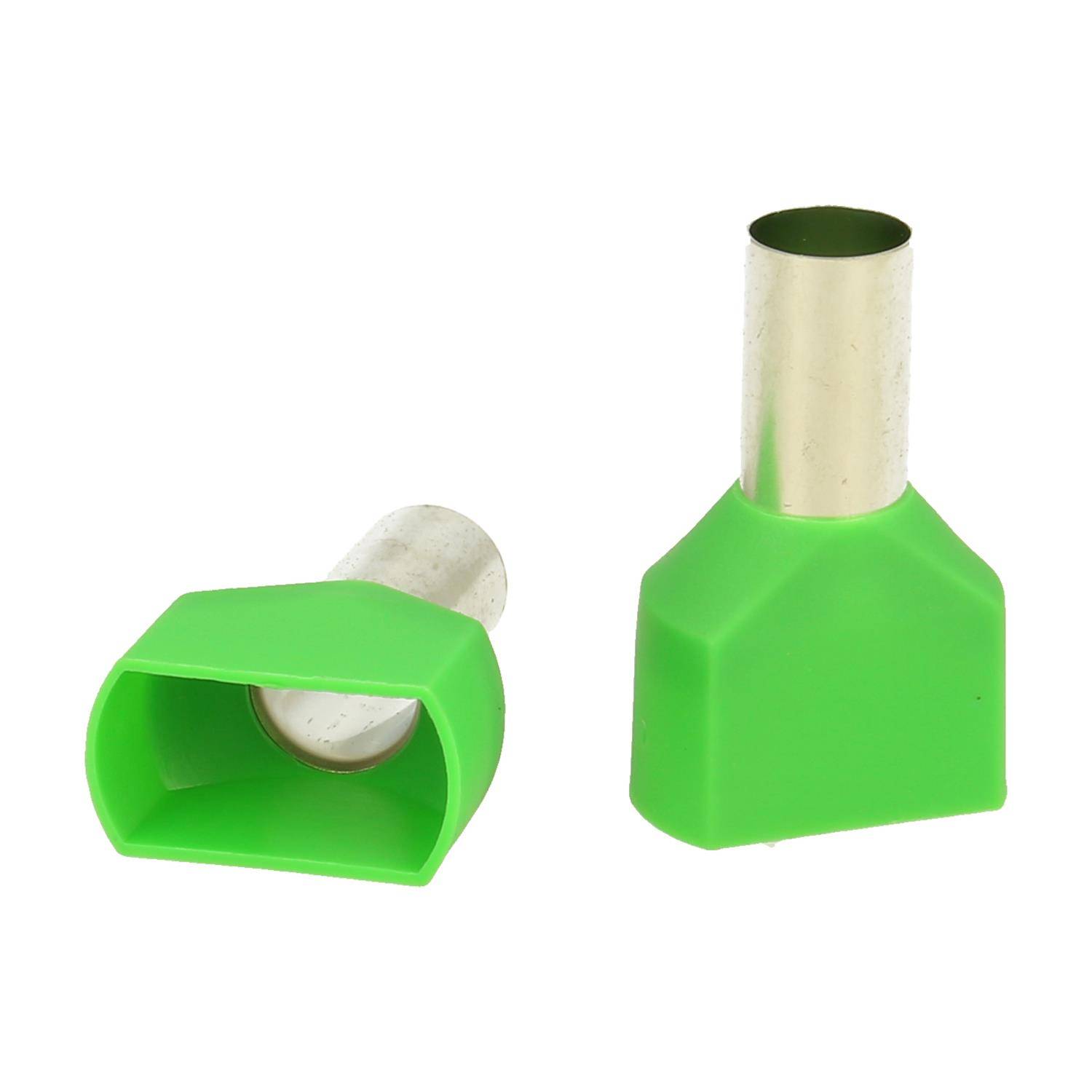 Zwei grüne Plastik-Kerf-Bandsäge-Reinigungsaufsätze mit Metallverbindern. Einer liegt auf der Seite, der andere steht aufrecht und zeigt die Öffnung.