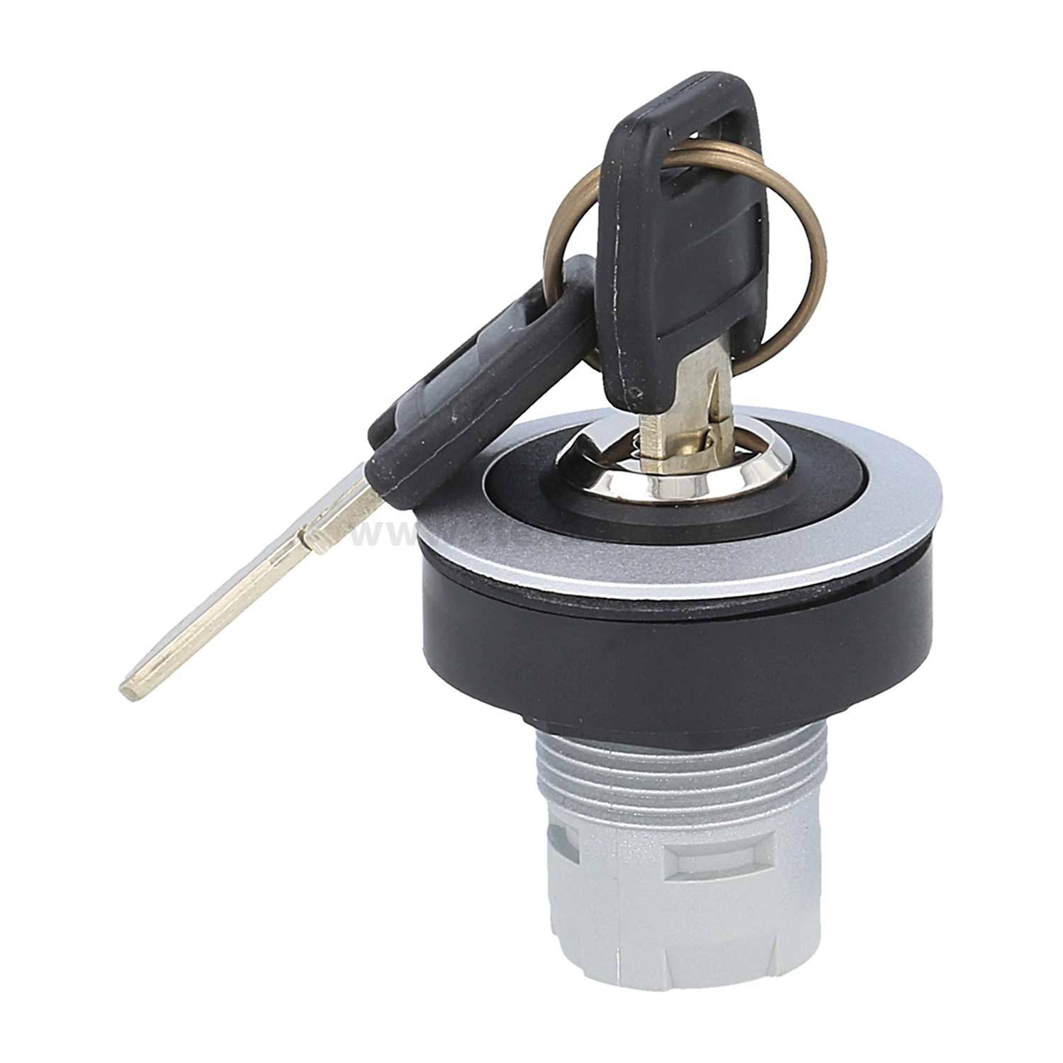 Ein Metallzündschalter mit eingestecktem Schlüssel, versehen mit einer sechseckigen Basis und einem kreisförmigen Schloss.