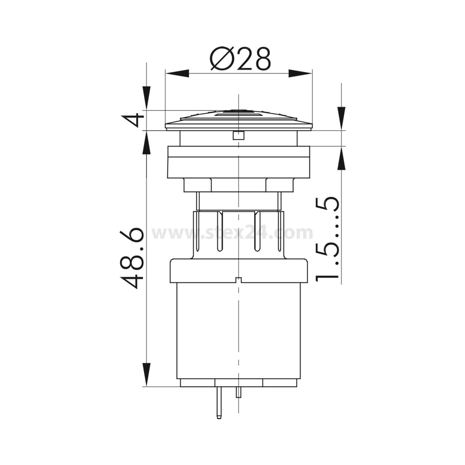 Technische Zeichnung eines Druckschalters mit Abmessungen: Durchmesser 28 mm, Höhe 48,6 mm, Einstellbereich 1,5 bis 5 mm.