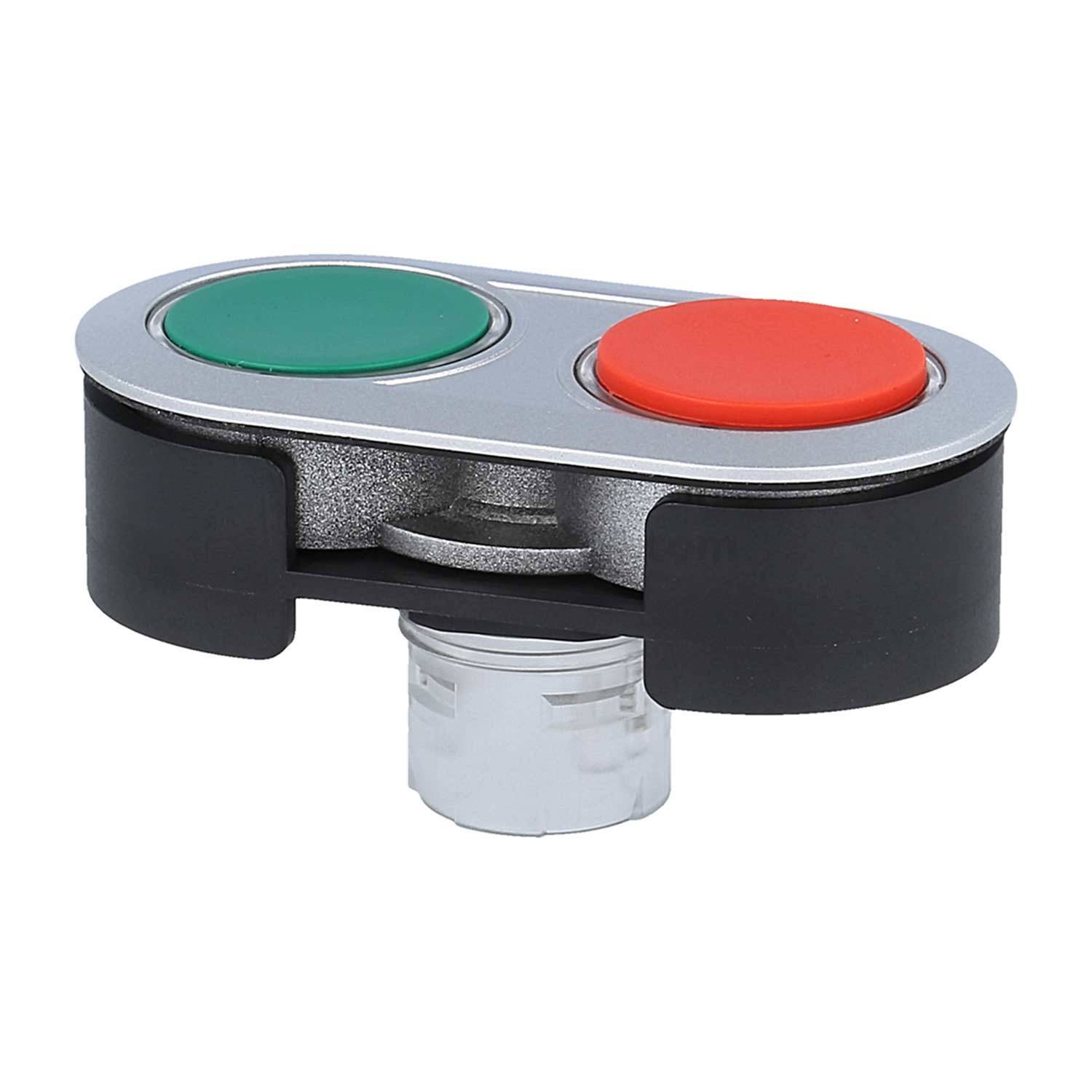 Ein dualer Drucktaster mit einem grünen 'Start'-Knopf und einem roten 'Stopp'-Knopf, konzipiert für die Steuerung von industriellen Maschinen.