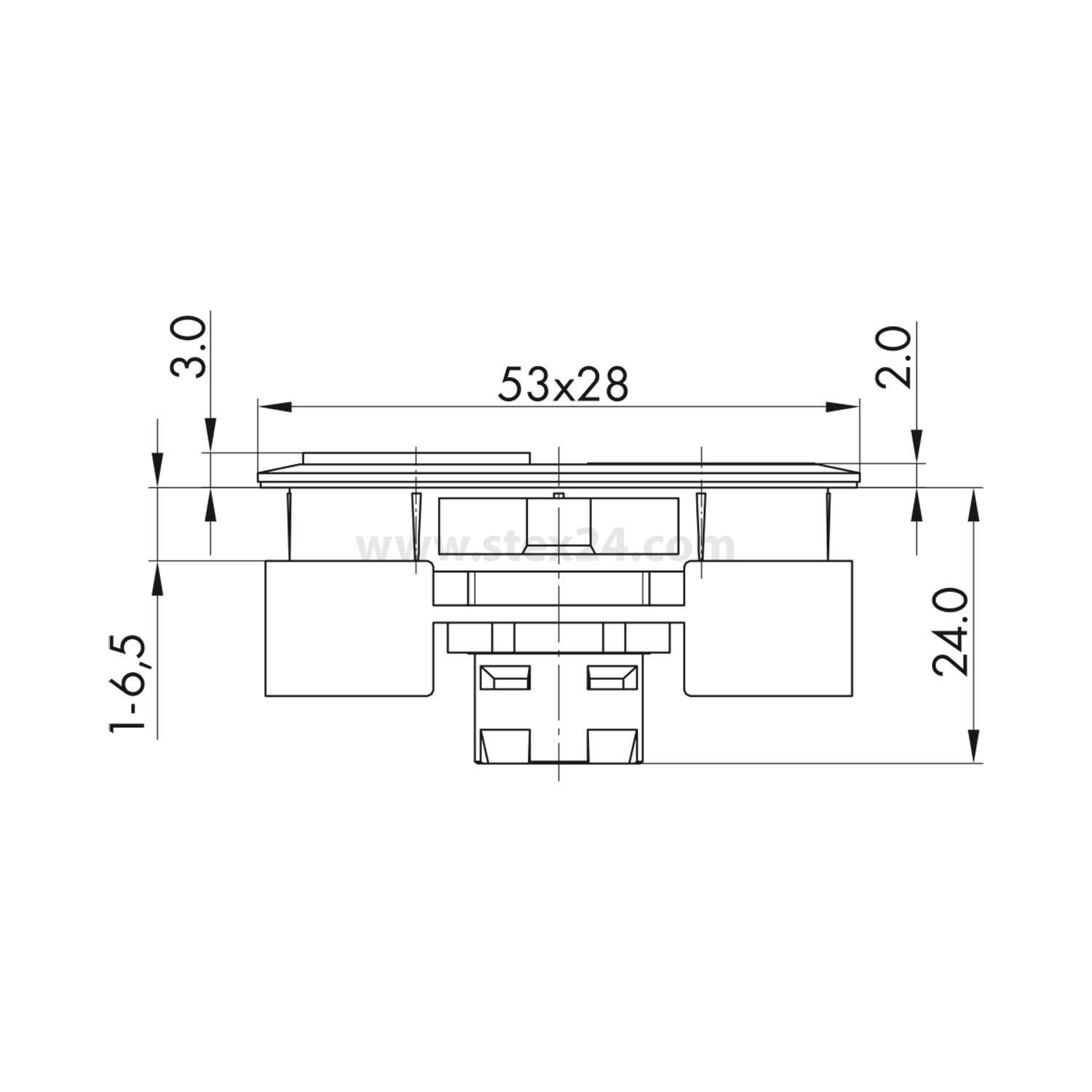 Technische Zeichnung einer elektrischen Schalterkomponente mit Abmessungen: 53x28 Breite, 24,0 Höhe, Platzierungsdetails vermerkt.