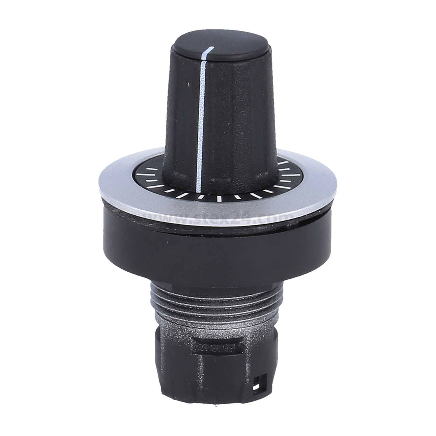 Ein schwarzer Drehgeber mit einer silbernen Markierungslinie und Einstellungsmarkierungen, der in der Elektronik zur präzisen Steuerung von Geräten verwendet wird.