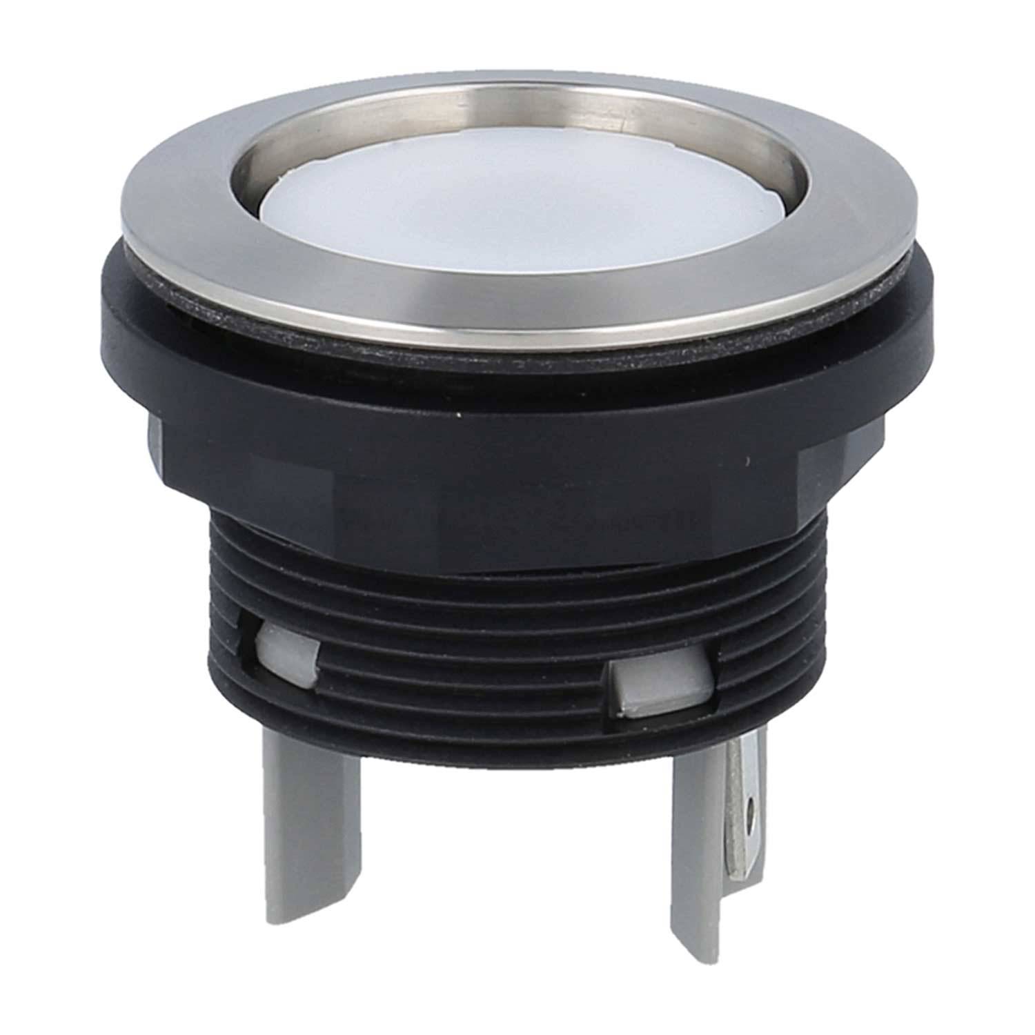Ein runder, schwarzer und silberner elektrischer Druckschalter mit zwei Metallkontakten.