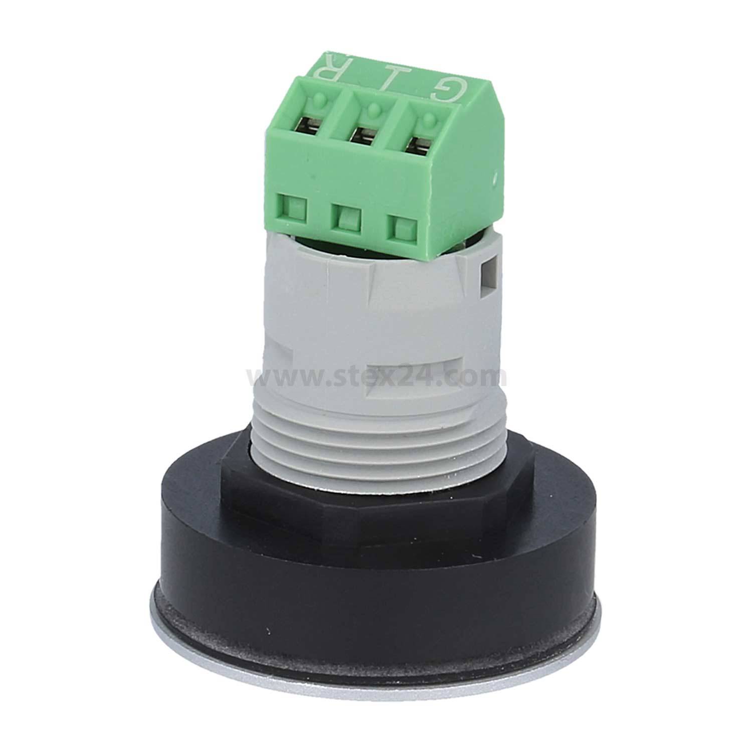 Ein grau-schwarzes Gerät mit einem grünen Schraubanschlussblock, der mit G, R und L markiert ist, möglicherweise eine elektronische Anschlusskomponente.