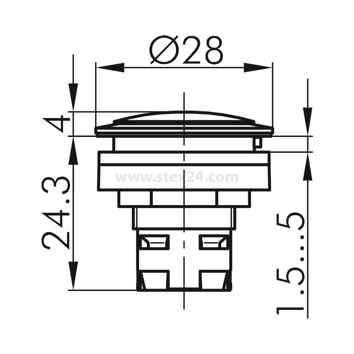 Diagramm eines Buttons mit Maßen: Durchmesser 28 mm, Höhe 24,3 mm und Basishöhe 1,5-5,5 mm.