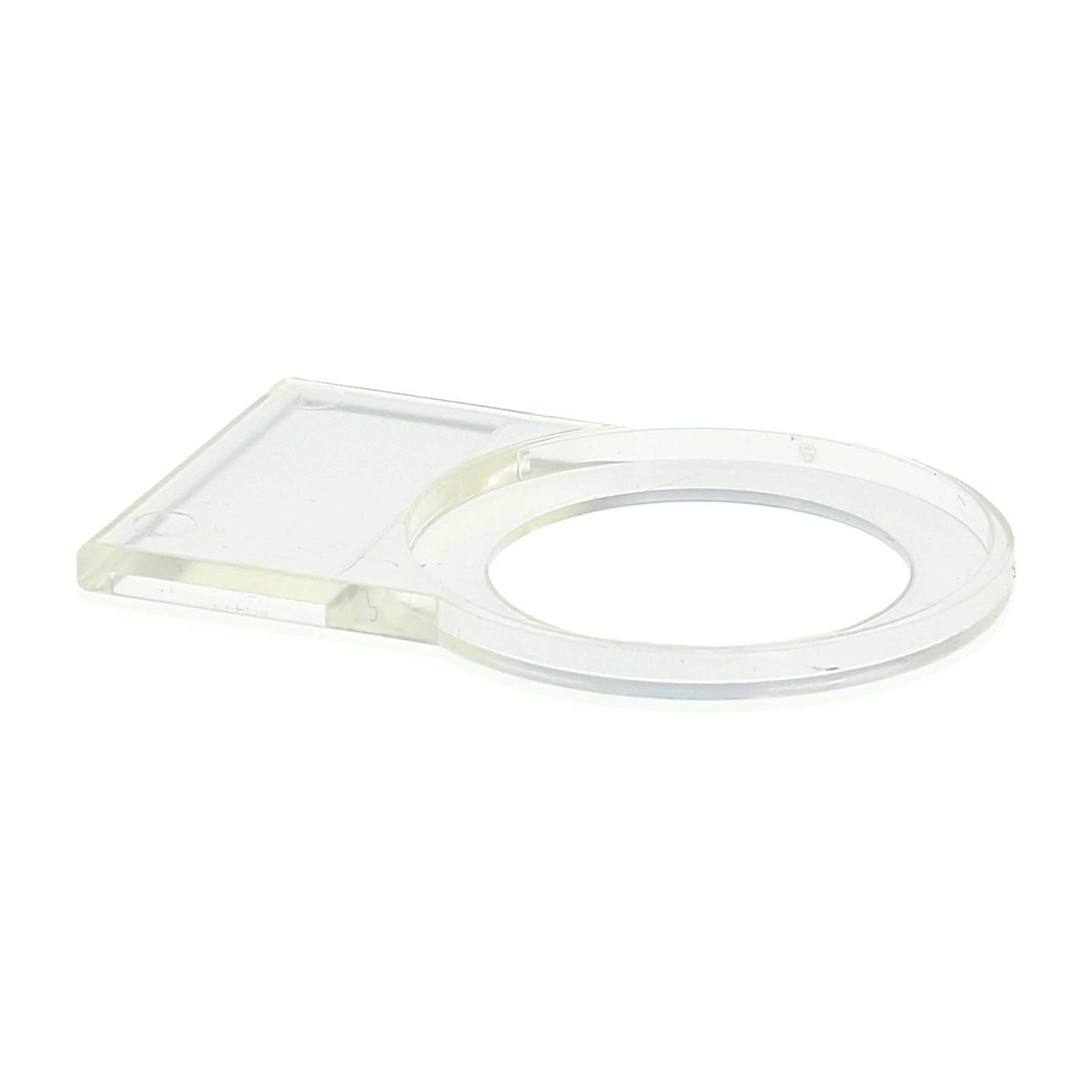 Ein klares, rechteckiges Plastikteil mit einer großen kreisförmigen Aussparung, konzipiert für Halte- oder Montagezwecke.