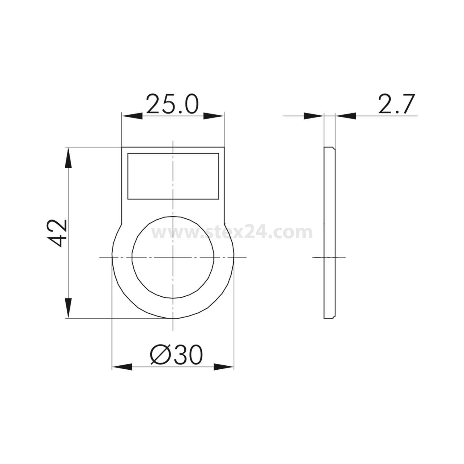 Technische Zeichnung einer kreisförmigen Komponente mit Durchmesser 30, Höhe 42 und Breite der Obersektion 25,0, Dicke 2,7. Seiten- und Frontansicht dargestellt.