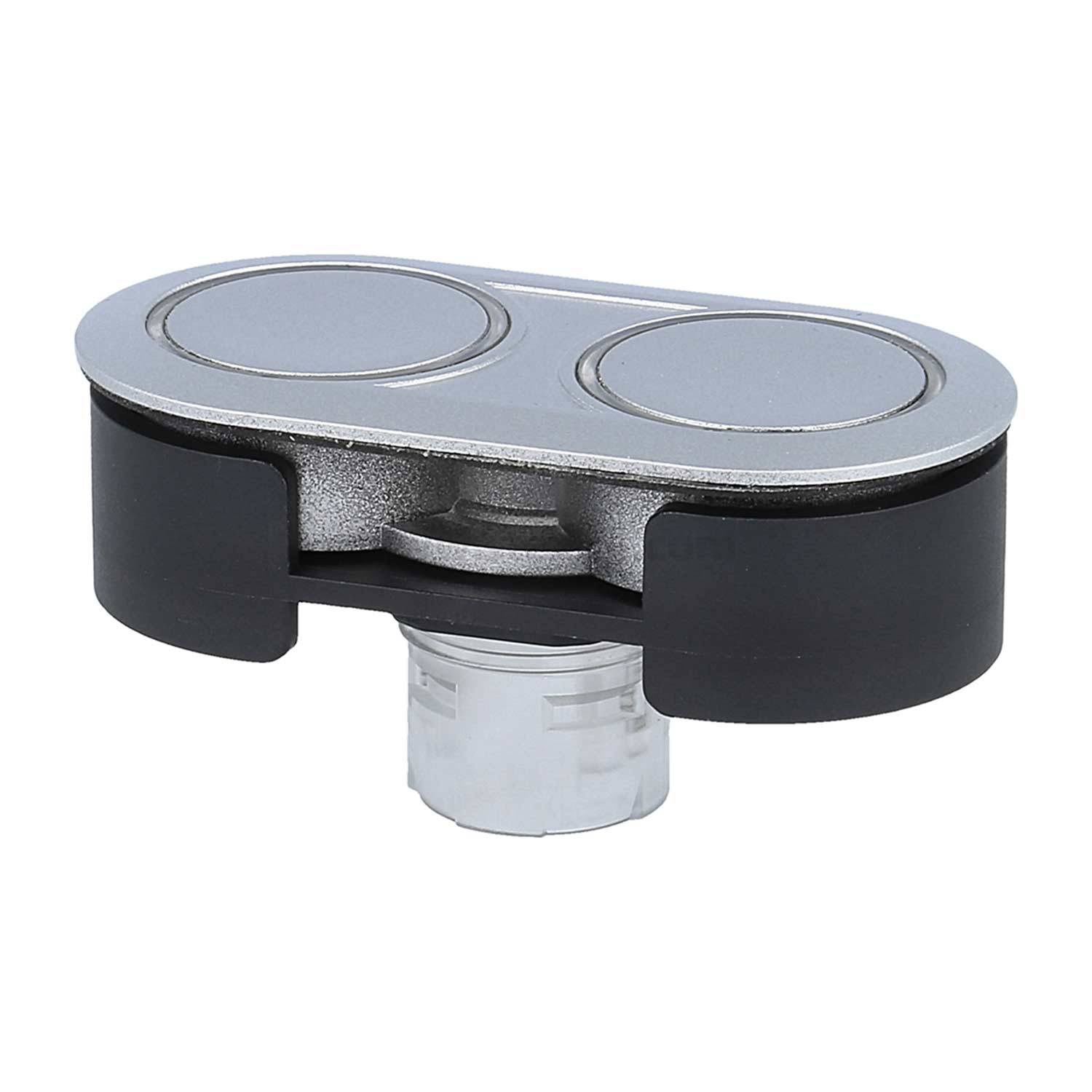 Ovaler, metallener Druckknopf mit zwei kreisförmigen Tasten auf einer schwarzen Basis, verwendet für Toiletten mit Doppelspültechnik.