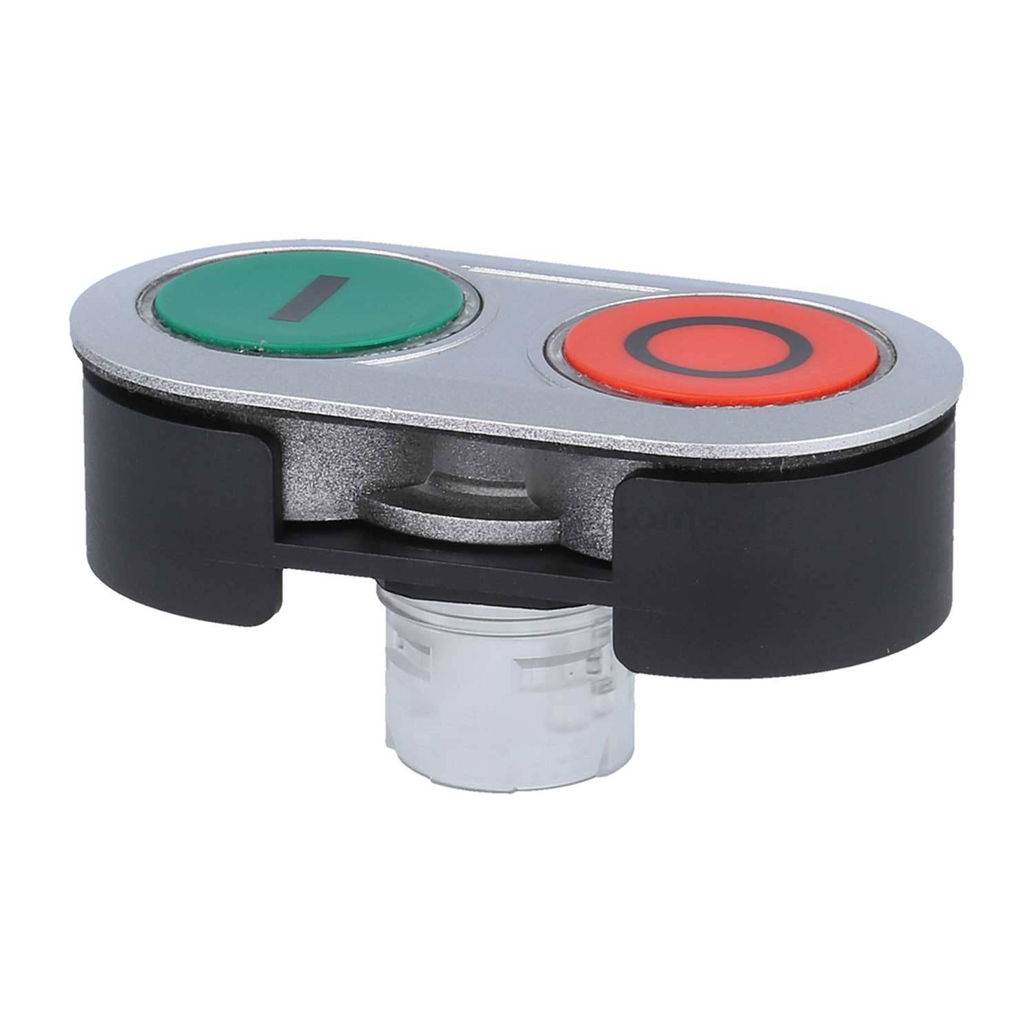 Eine Nahaufnahme eines silbernen metallischen Kippschalters mit einem grünen 'I' für ein und einem roten 'O' für aus, montiert auf einer schwarzen Basis.