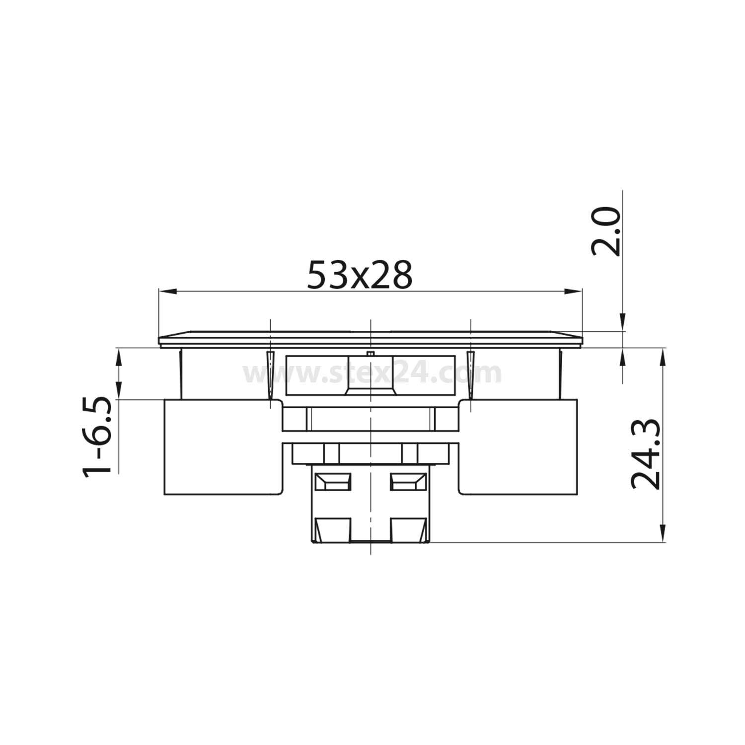 Seitliche technische Zeichnung eines Objekts mit Abmessungen: 53x28, Höhe 24,3, und unterschiedlichen Breitenangaben: 1,65 und 2,0.