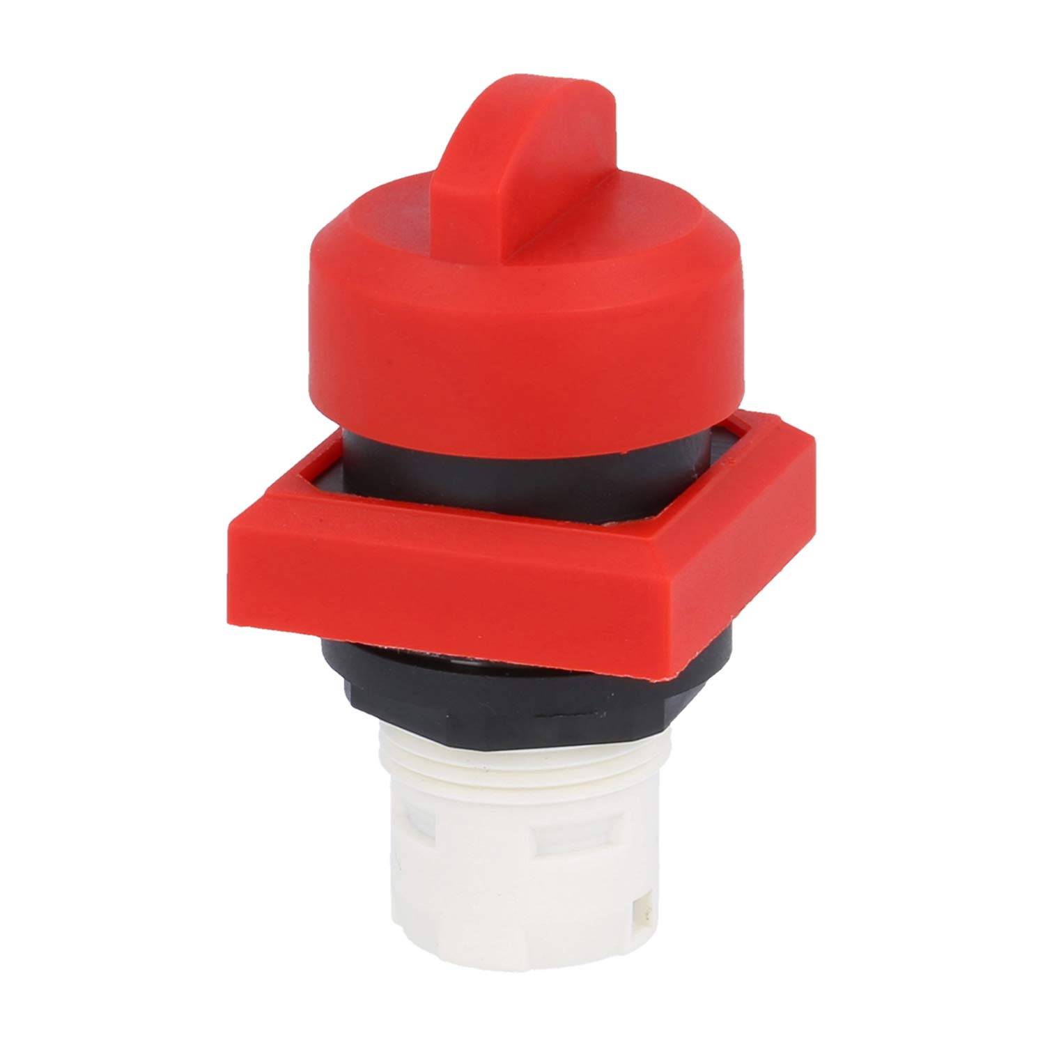 Ein roter, quadratisch-kopfiger Druckknopfschalter mit weißer Basis, entwickelt für elektronische oder mechanische Geräte.