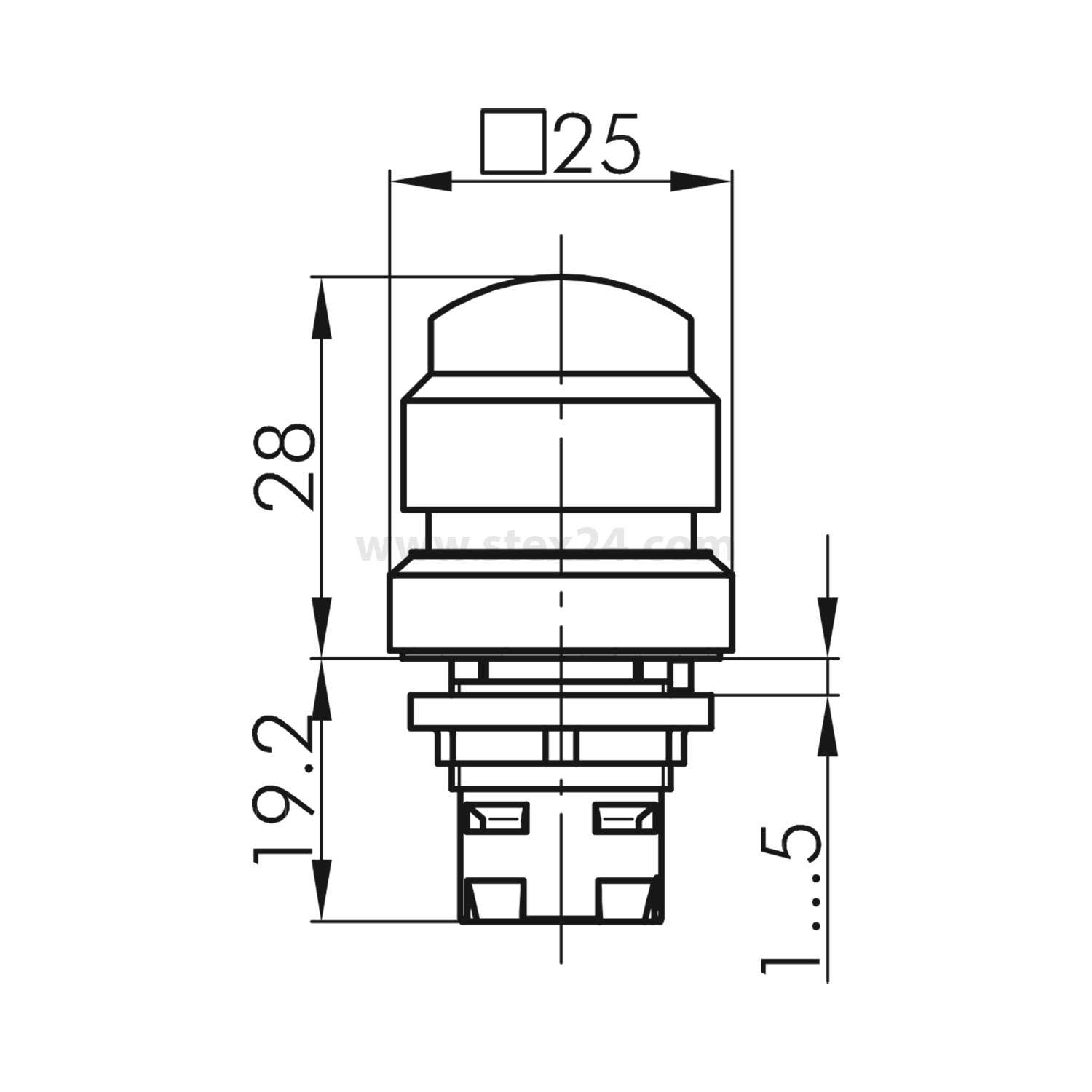 Technische Zeichnung eines Drucktastenschalters mit Abmessungen: Breite oben 25 mm, Höhe 28 mm und Einbautiefe 19,2 mm.