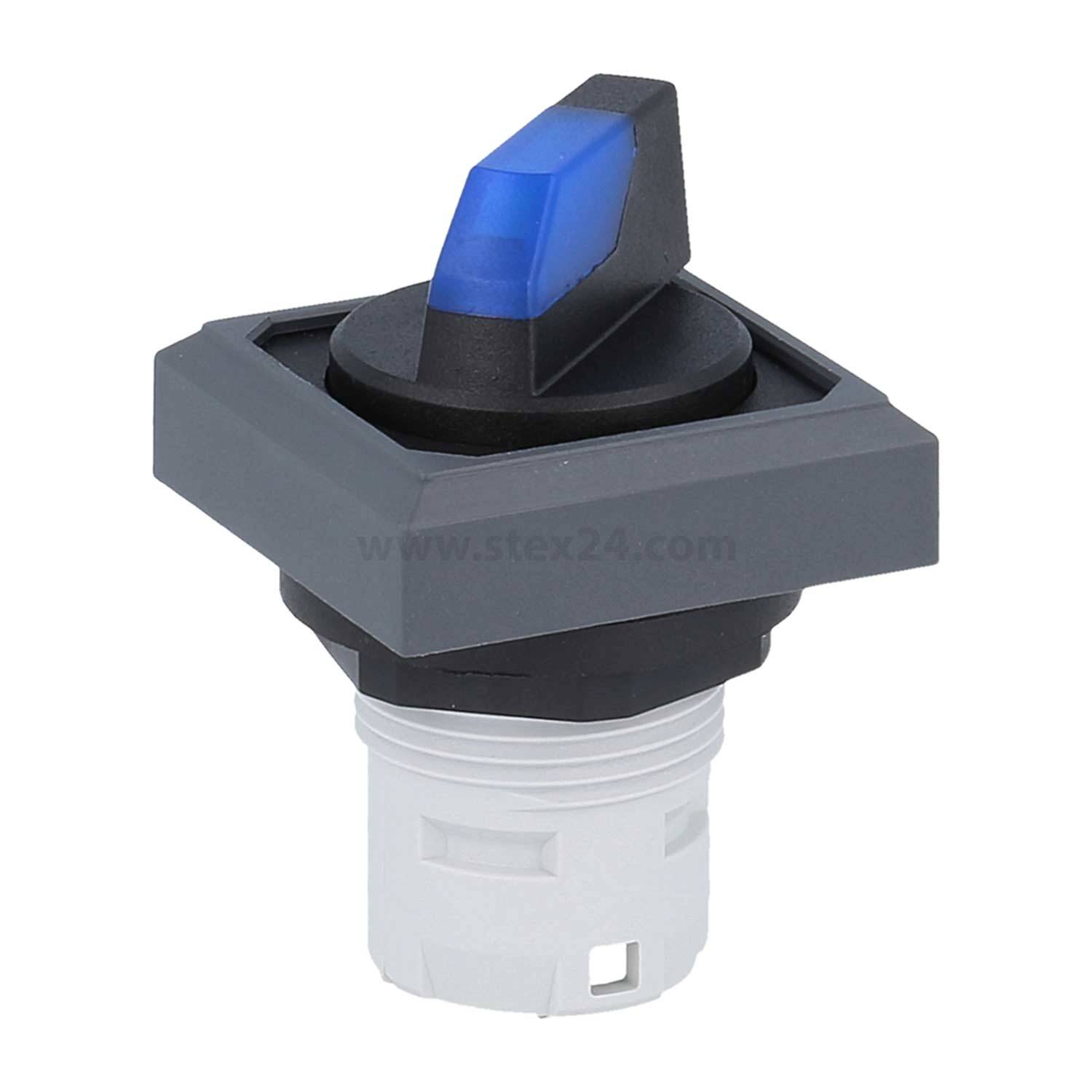 Drehschalter mit einem blauen Hebel, montiert auf einem grauen Quadratpanel, mit einer runden Basis und einem weißen zylindrischen Anschluss darunter.