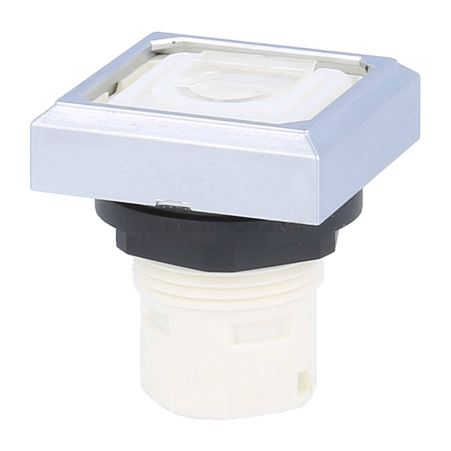 Ein quadratischer Druckknopf mit metallischem Rahmen und weißer Basis, der häufig in elektronischen Geräten und Schalttafeln verwendet wird.