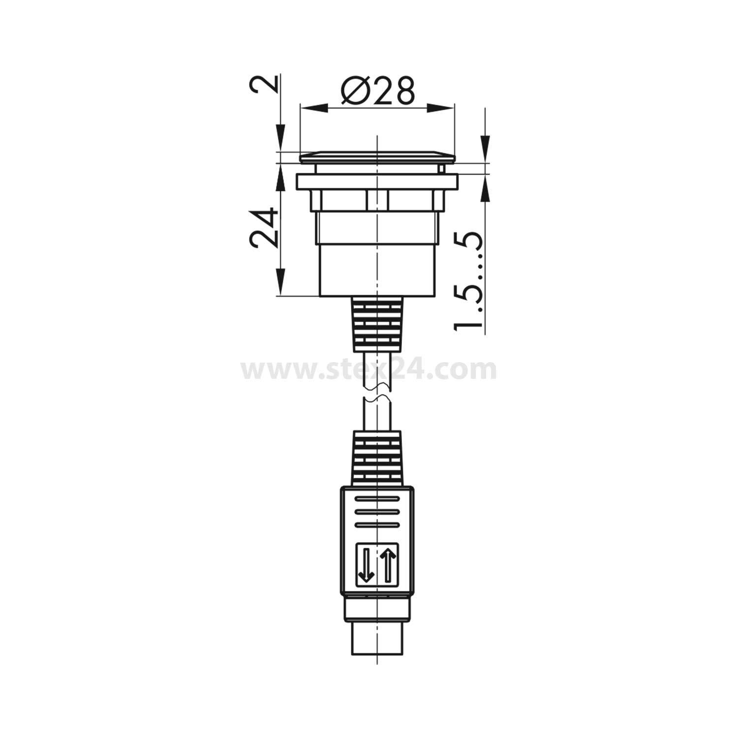 Technische Zeichnung eines Buttons mit Abmessungen: Durchmesser 28 mm, Tiefe 2 mm. Profilansicht zeigt Anschlüsse und Bezeichnungen für die Installation.