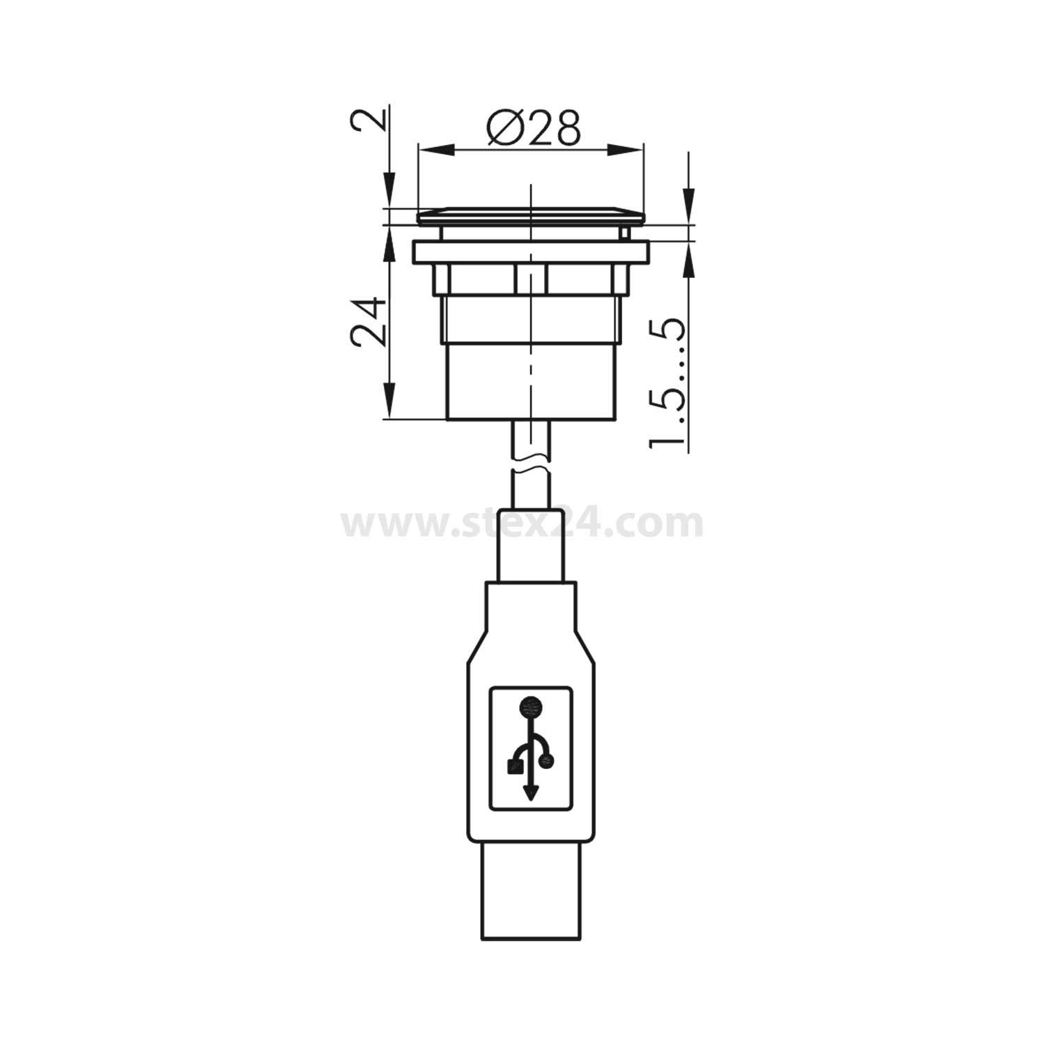 Technische Zeichnung eines USB-Anschlusses mit Maßangaben: Durchmesser 28 mm, Höhe 24 mm und einer Vorsprung von 1,5-5 mm mit einem Symbol.