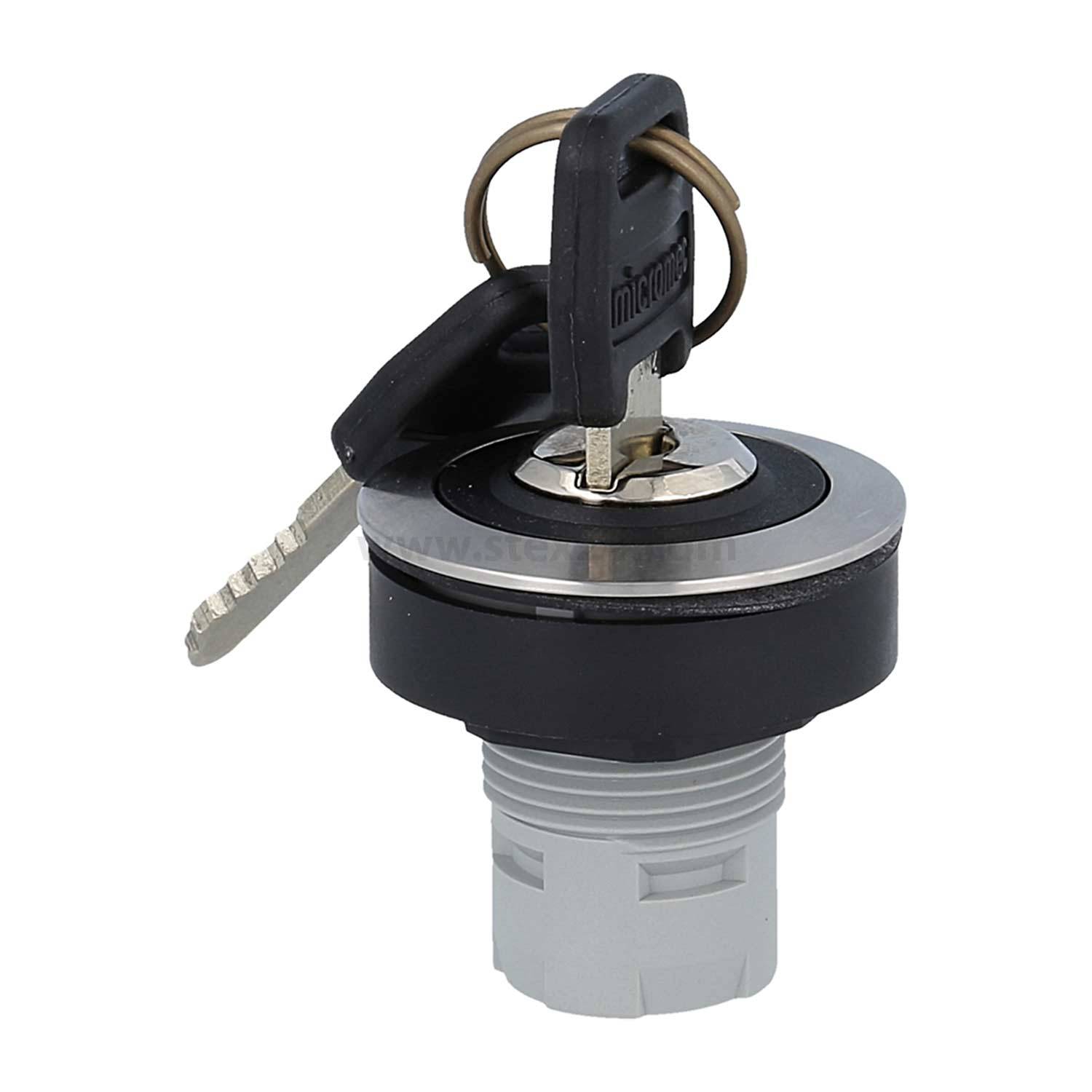 Ein Schloss mit zwei eingelegten Schlüsseln, verwendet zur Sicherung von Ausrüstung oder Systemen. Das Schloss ist metallisch mit einer schwarzen Kunststoffkante.