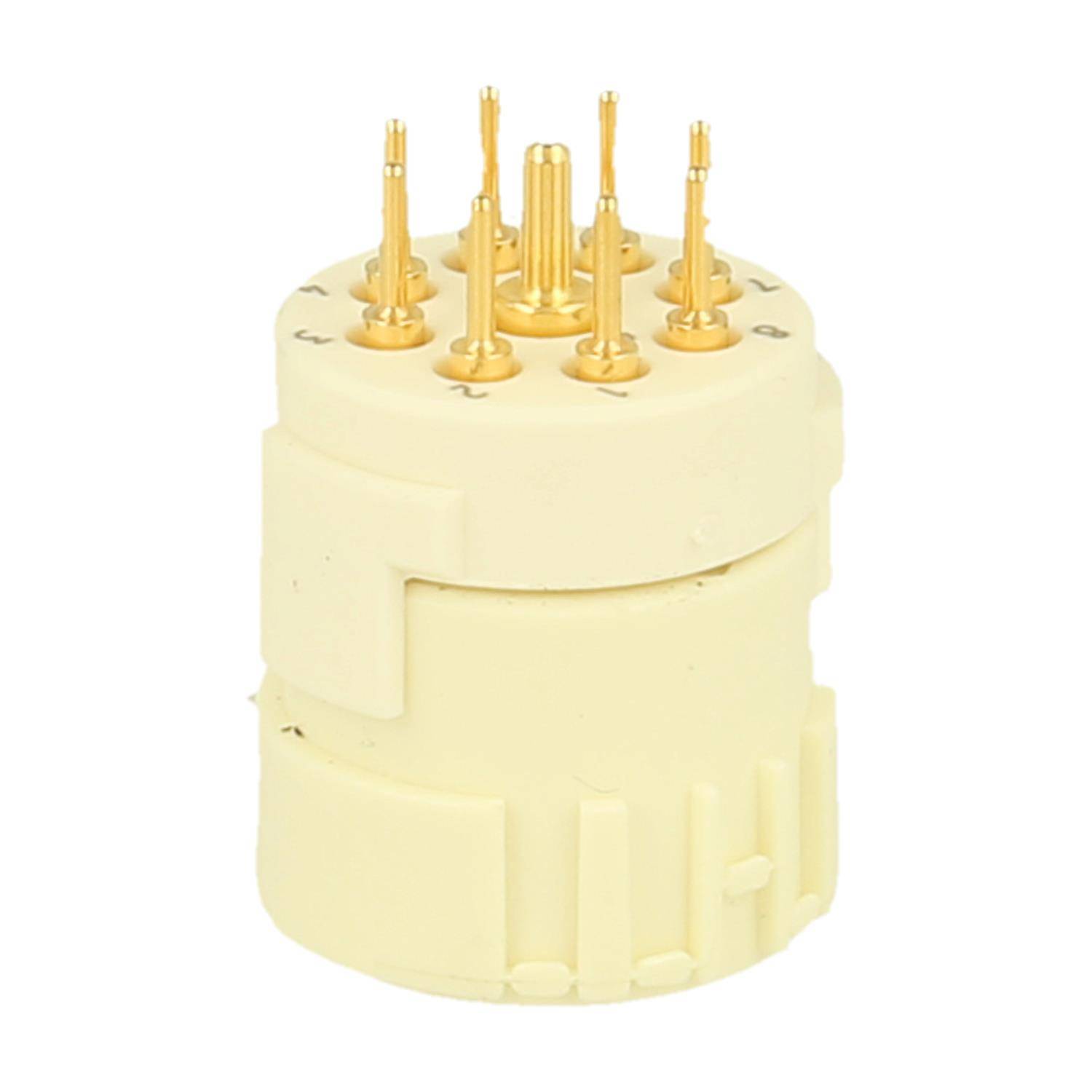 Ein beiger Drehschalter mit mehreren goldenen Kontaktstiften, mit Zahlen beschriftet, für elektrische Verbindungen und Schaltkreisumschaltungen konzipiert.