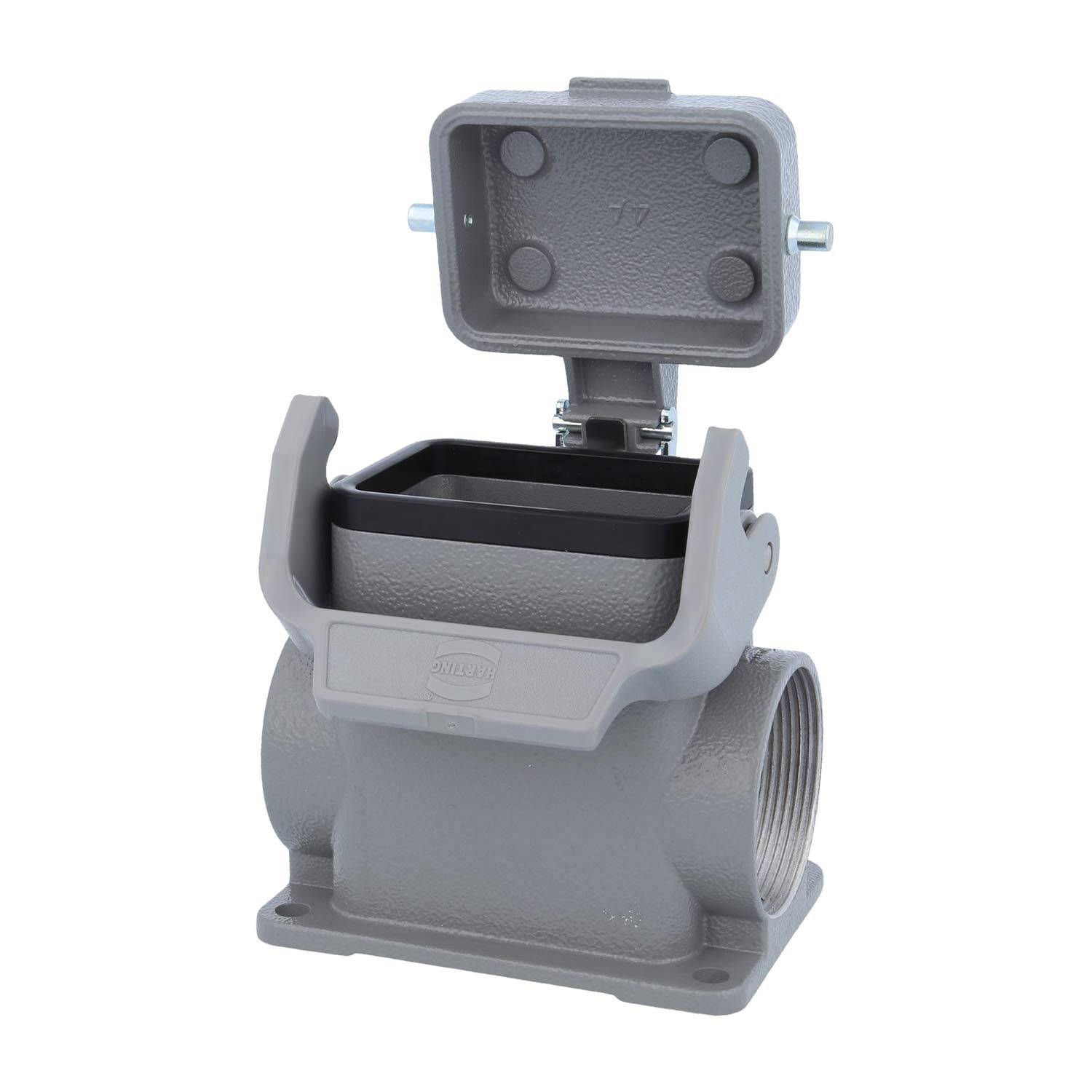 Graues industrielles Anschlussgehäuse mit offener Oberseite, Gewindeanschlüssen und einer rechteckigen Basis für sichere elektrische Verbindungen.