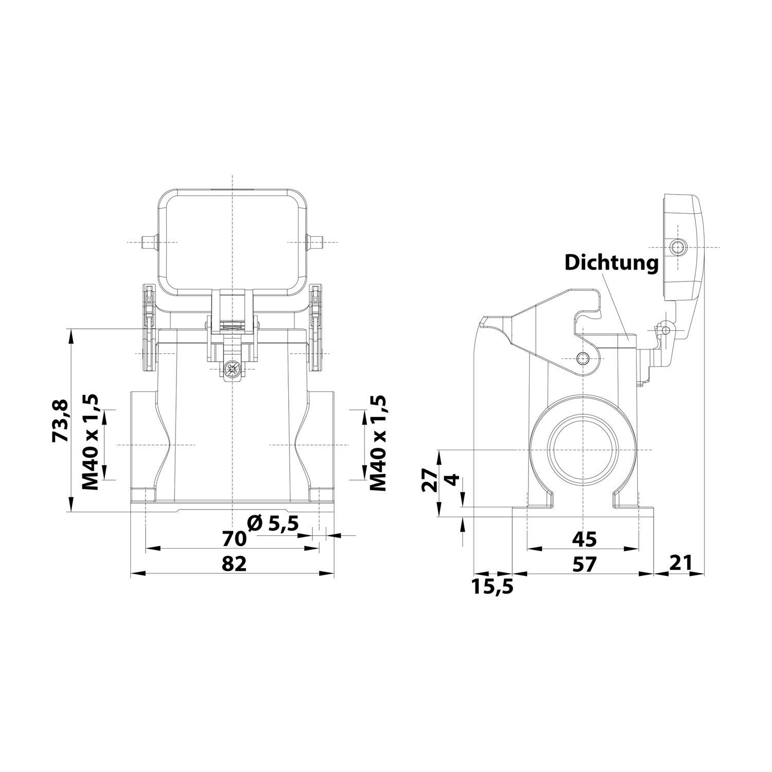 Technische Zeichnung einer mechanischen Komponente: eine Pumpe mit verschiedenen beschrifteten Maßen, wie M40 x 1,5 und Durchmesser 5,5 und 82 Einheiten.