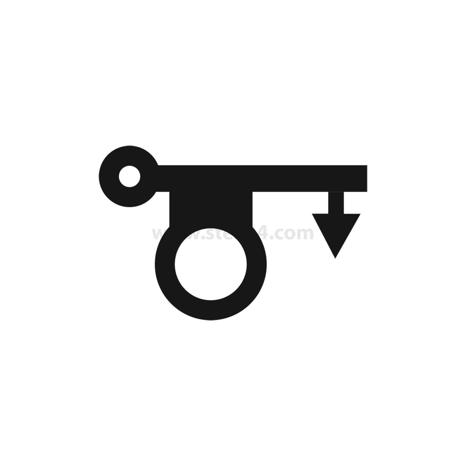 Das Symbol des Planeten Venus mit einem nach unten gerichteten Pfeil und einem Kreis an der Unterseite, schwarz auf weißem Hintergrund.