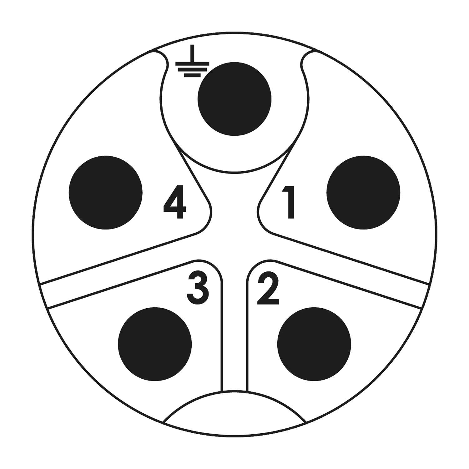 Masseanschluss oben, gekennzeichnet mit Massesymbol. Stifte im Uhrzeigersinn nummeriert: 1, 2, 3, 4. Kreisförmige Anordnung, Schaltplan eines elektrischen Anschlusses.