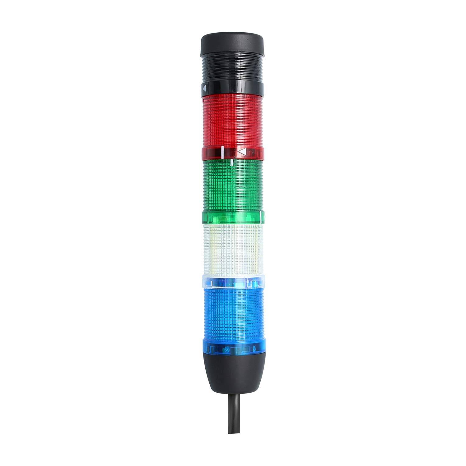 Industrielle Signalturm-Leuchte mit roten, grünen, weißen und blauen Lichtern, die Betriebsstatus oder Warnungen in Maschinensystemen anzeigt.