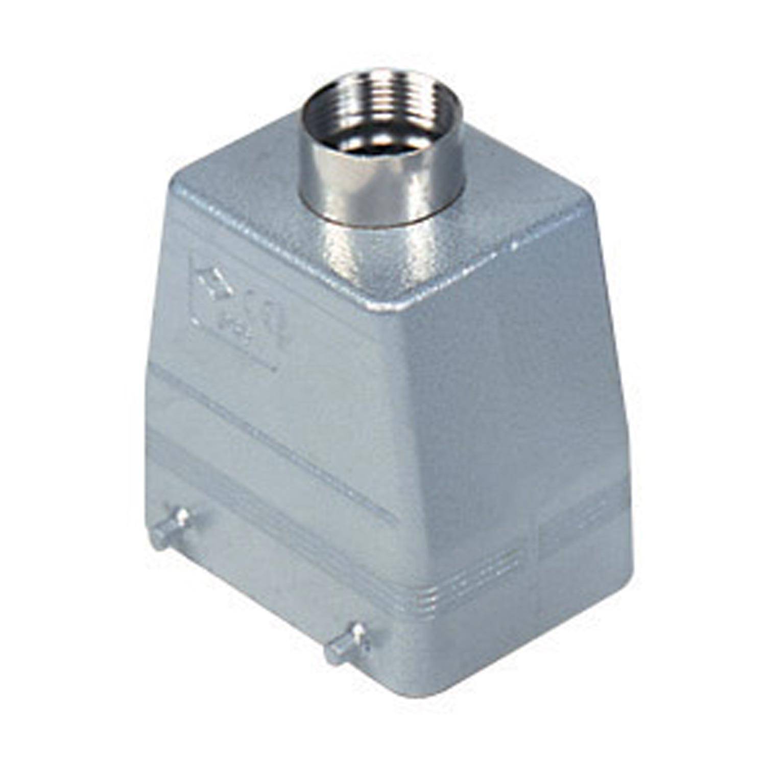 Metallisches industrielles Anschlussgehäuse mit einem verschraubten Deckel und zwei Pins an der Basis vor einem weißen Hintergrund.