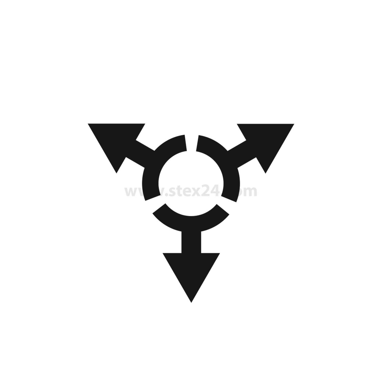Ein schwarzes Symbol mit einem zentralen Kreis und drei Pfeilen, die in unterschiedliche Richtungen nach außen zeigen, ähnlich einem Recycling- oder Navigationszeichen.