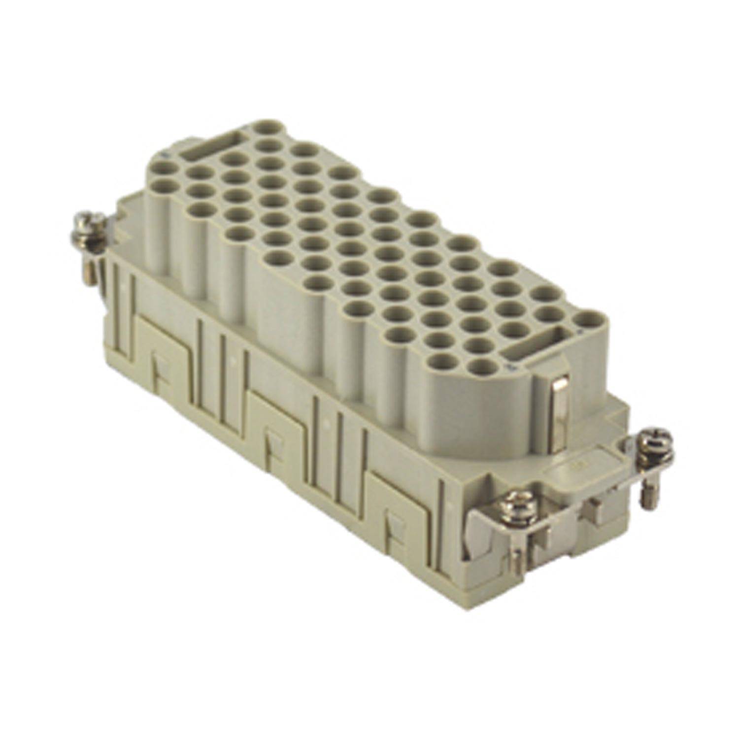 Ein rechteckiger grauer elektrischer Anschluss mit mehreren Anschlüssen, der zwei metallische Befestigungsclips an den Seiten zur sicheren Befestigung aufweist.