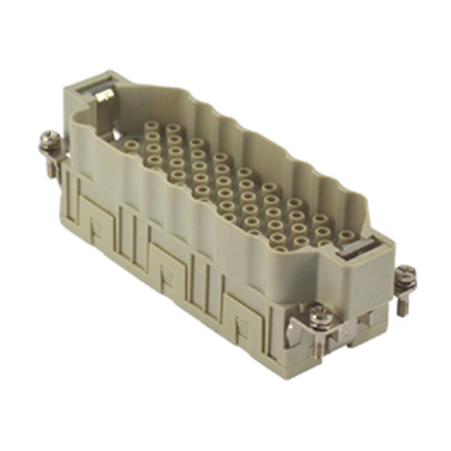 Ein rechteckiger grauer Elektroverbinder mit mehreren kreisförmigen Stiftlöchern und zwei Metallklammern an den Seiten.