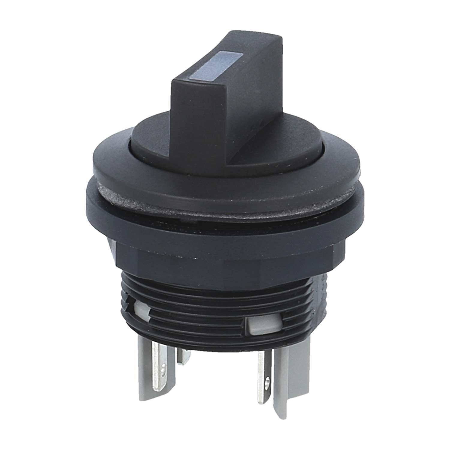 Ein schwarzer Kippschalter mit einem flachen Hebel und Metallzungen, verwendet für elektrische Geräte oder Schalttafeln.