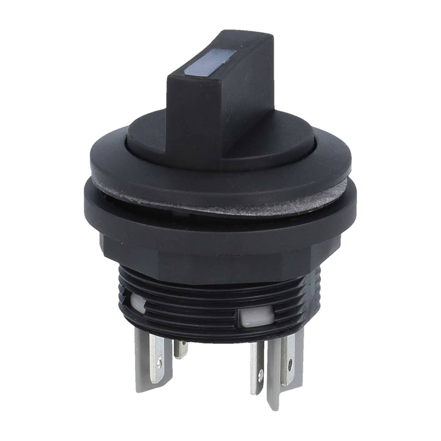 Ein schwarzer Drehschalter mit fünf Metallzacken ragt von unten heraus, der üblicherweise in elektrischen Geräten für Steuerungsfunktionen verwendet wird.