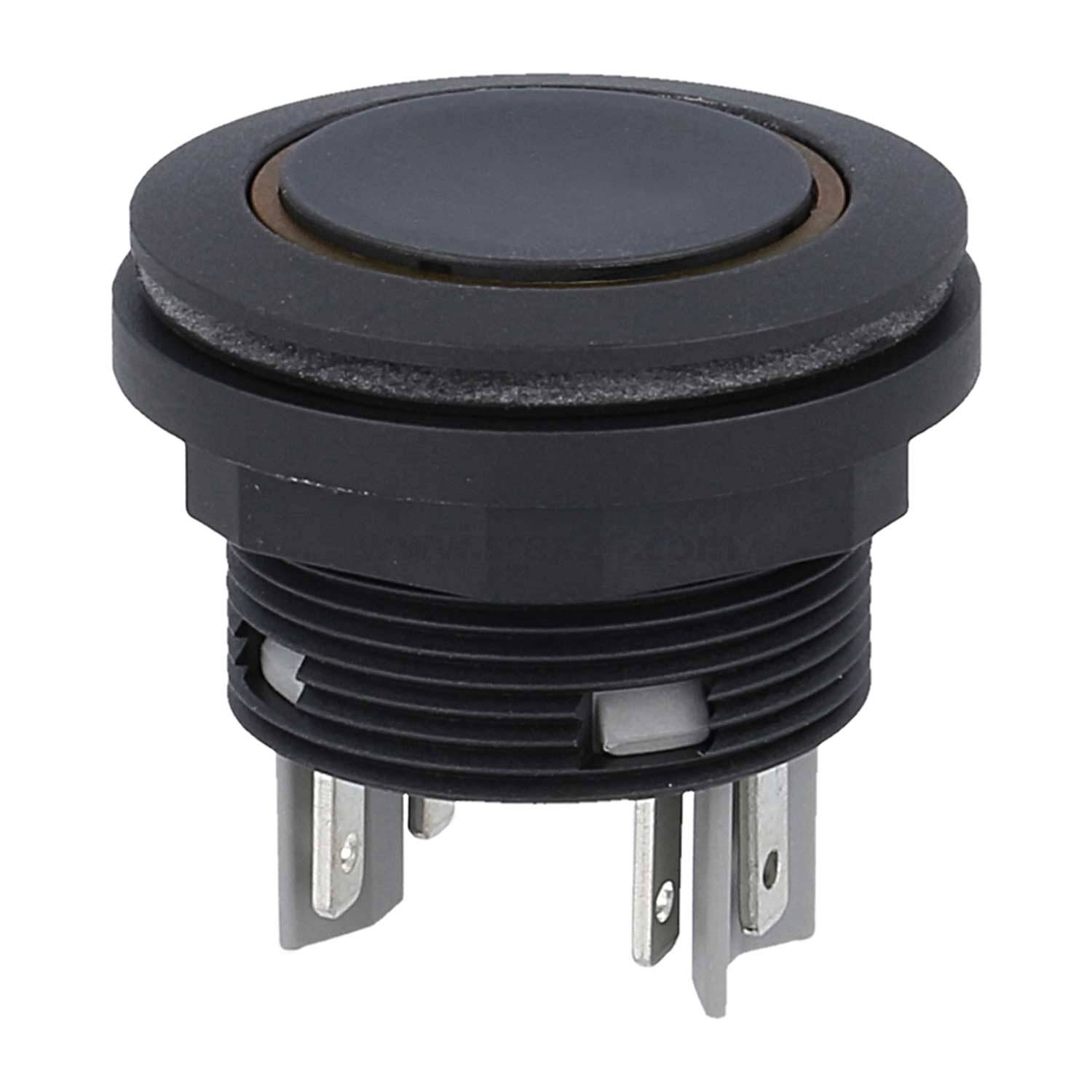 Ein schwarzer Drucktaster mit drei Metallzacken darunter, konzipiert für elektronische Geräte und Kontrollpanels.