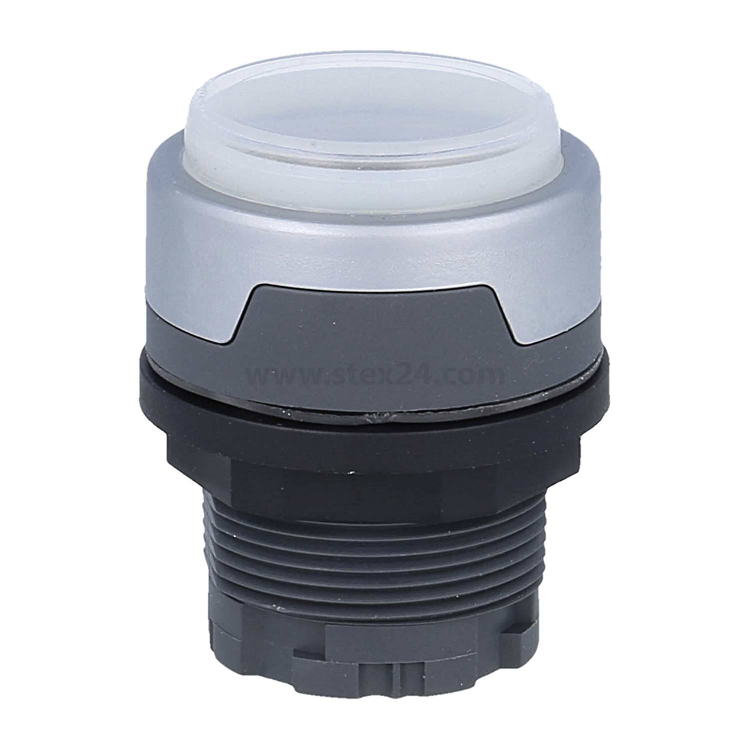 Eine Nahaufnahme eines runden, grauen industriellen Knopfes mit einer durchsichtigen Abdeckung und einer schwarzen, gewindeten Basis, konzipiert für Maschinen oder Kontrollpanels.